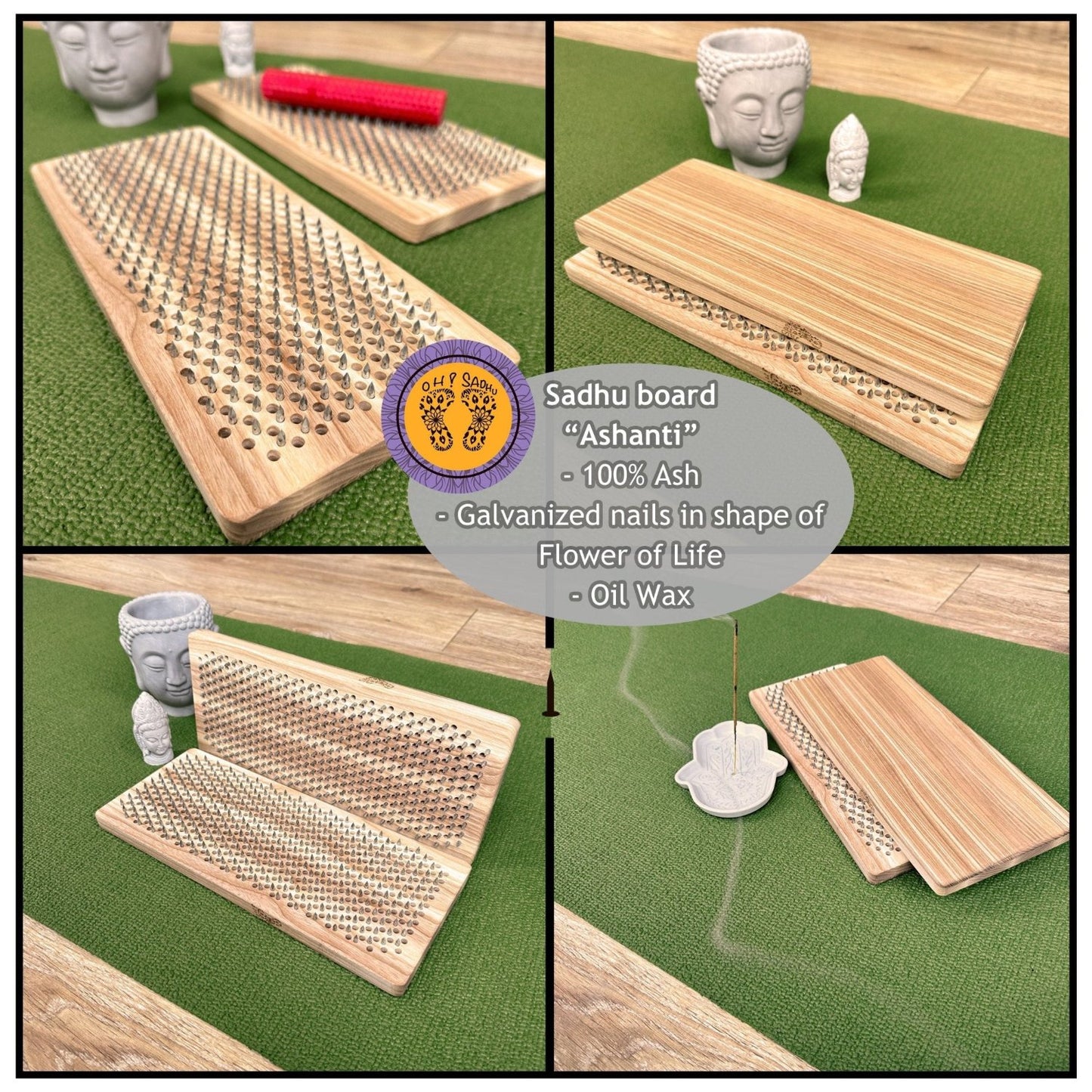 Collage of Sadhu board on yoga mat with buddha
