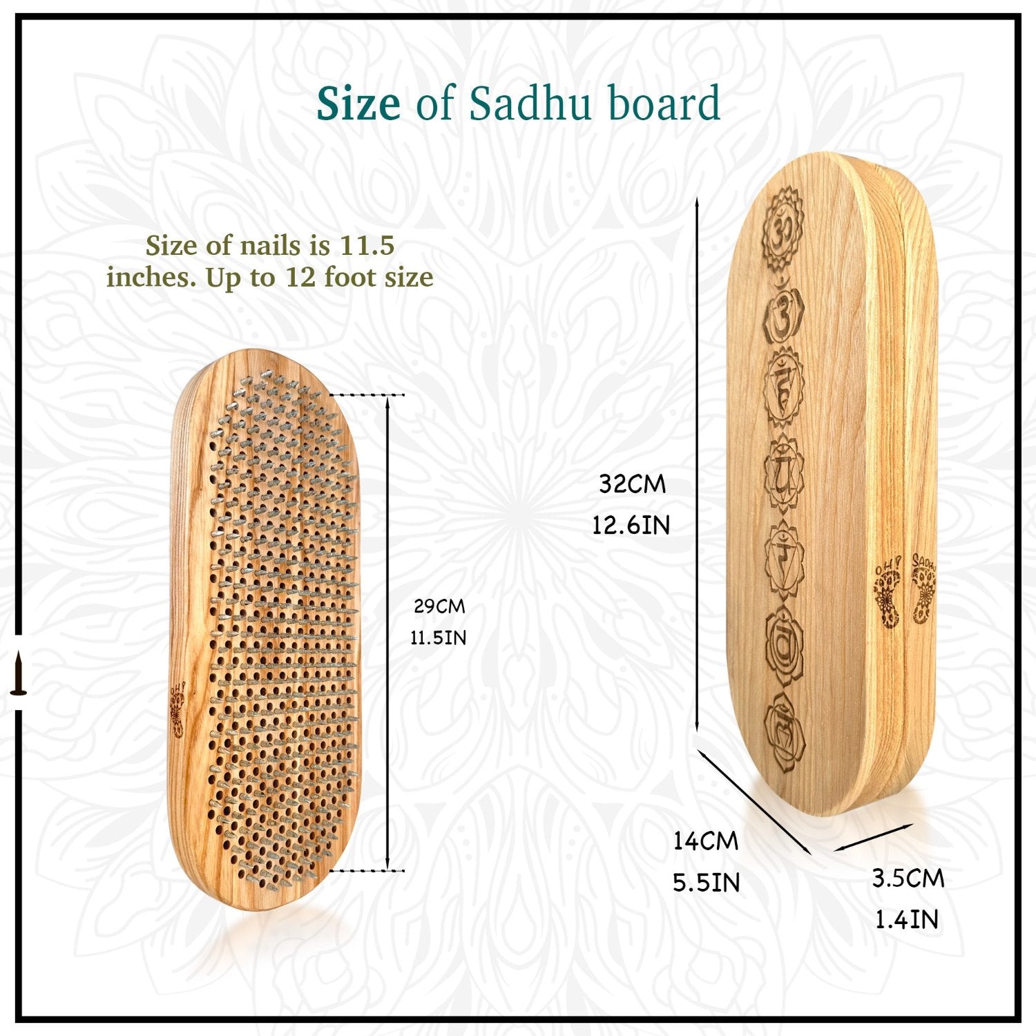 size of yoga nail sadhu board oval shape with chakras engraving