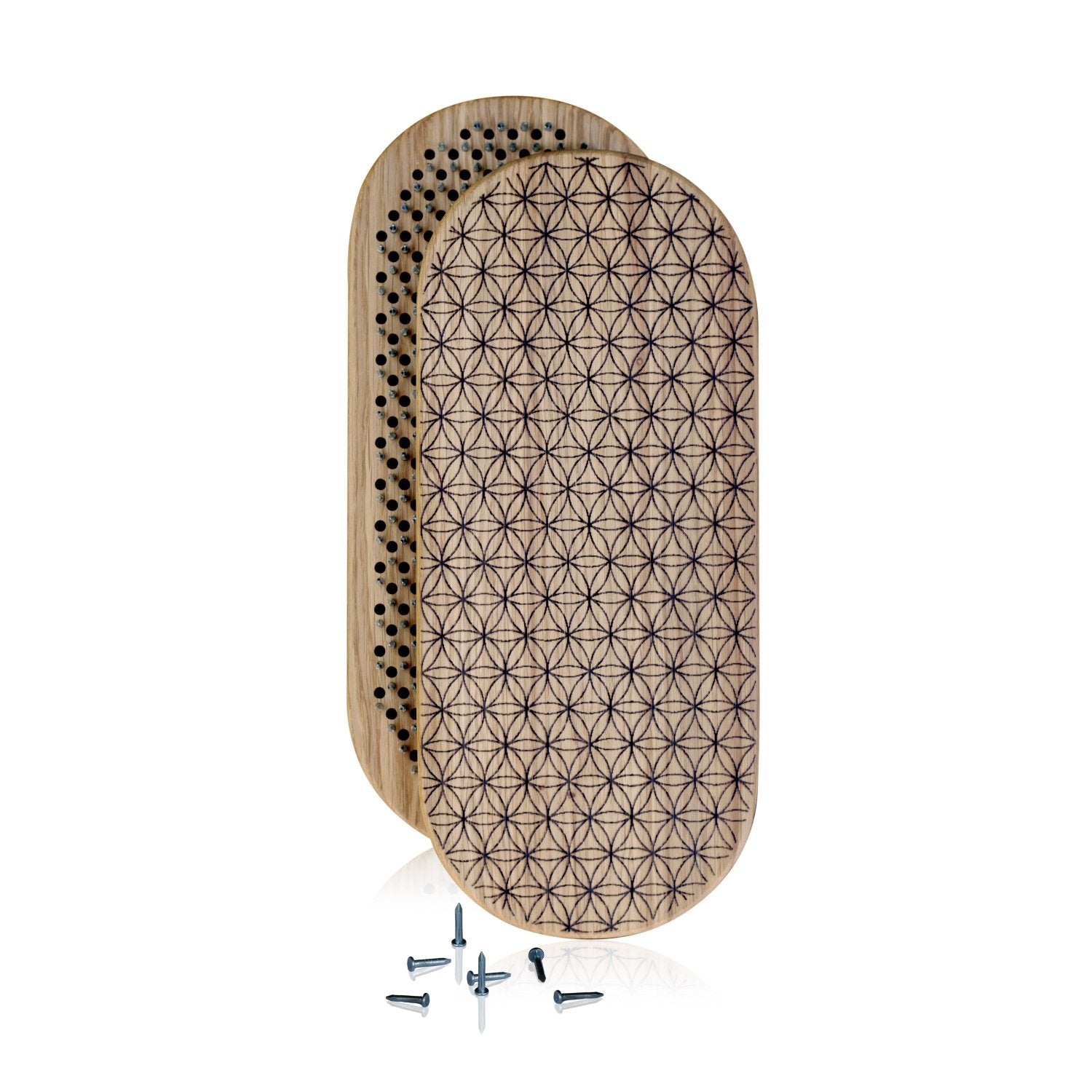 wooden board with nails with flower of life engraving