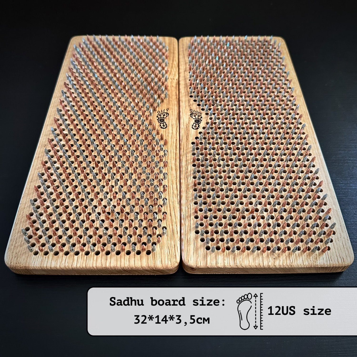 Two open sadhu boards with copper and galvanized nails. engraving logo oh! Sadhu with feet.