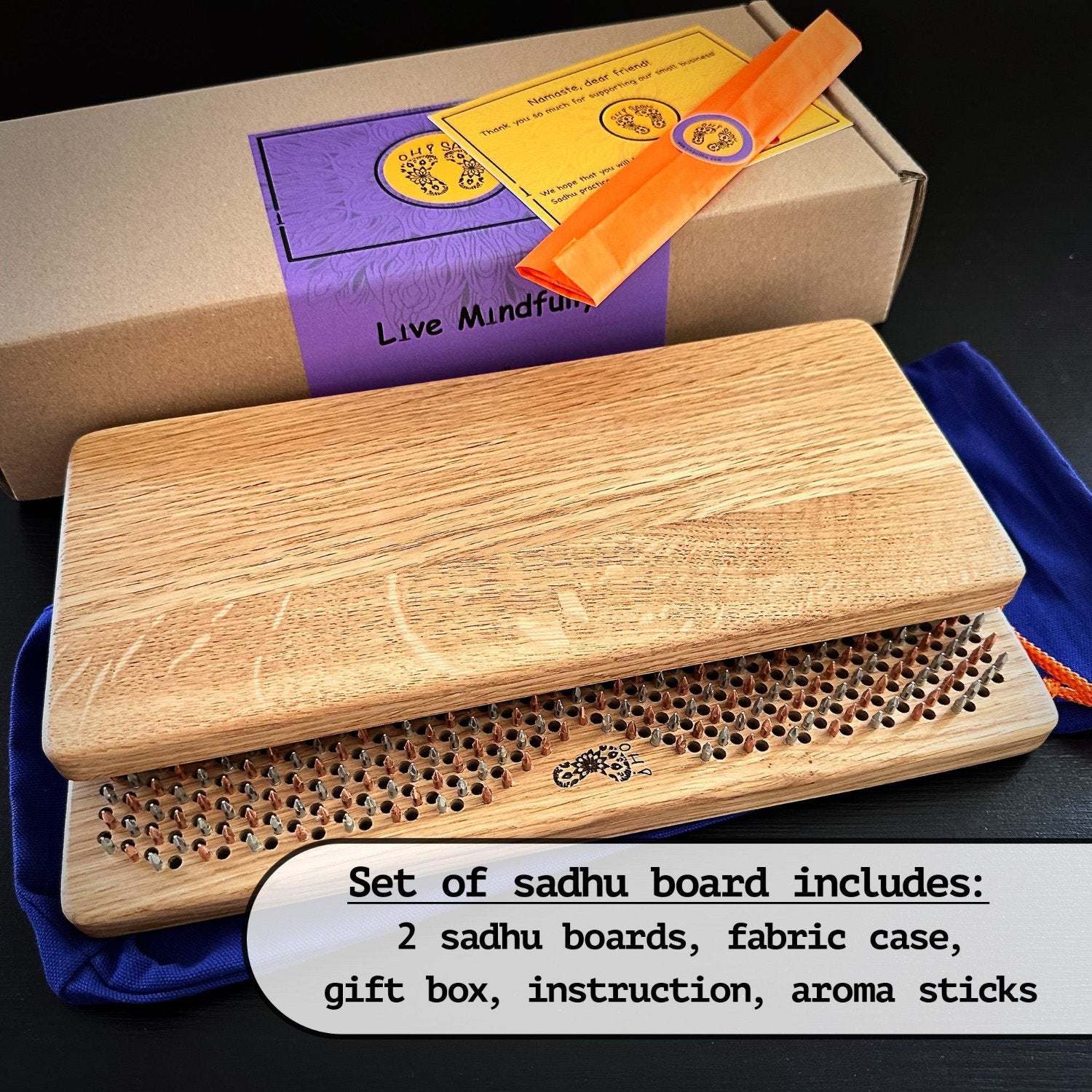 oak wood sadhu board with violet storage case, git box, with logo Oh! Sadhu, yellow insturction and orange pack of aroma sticks