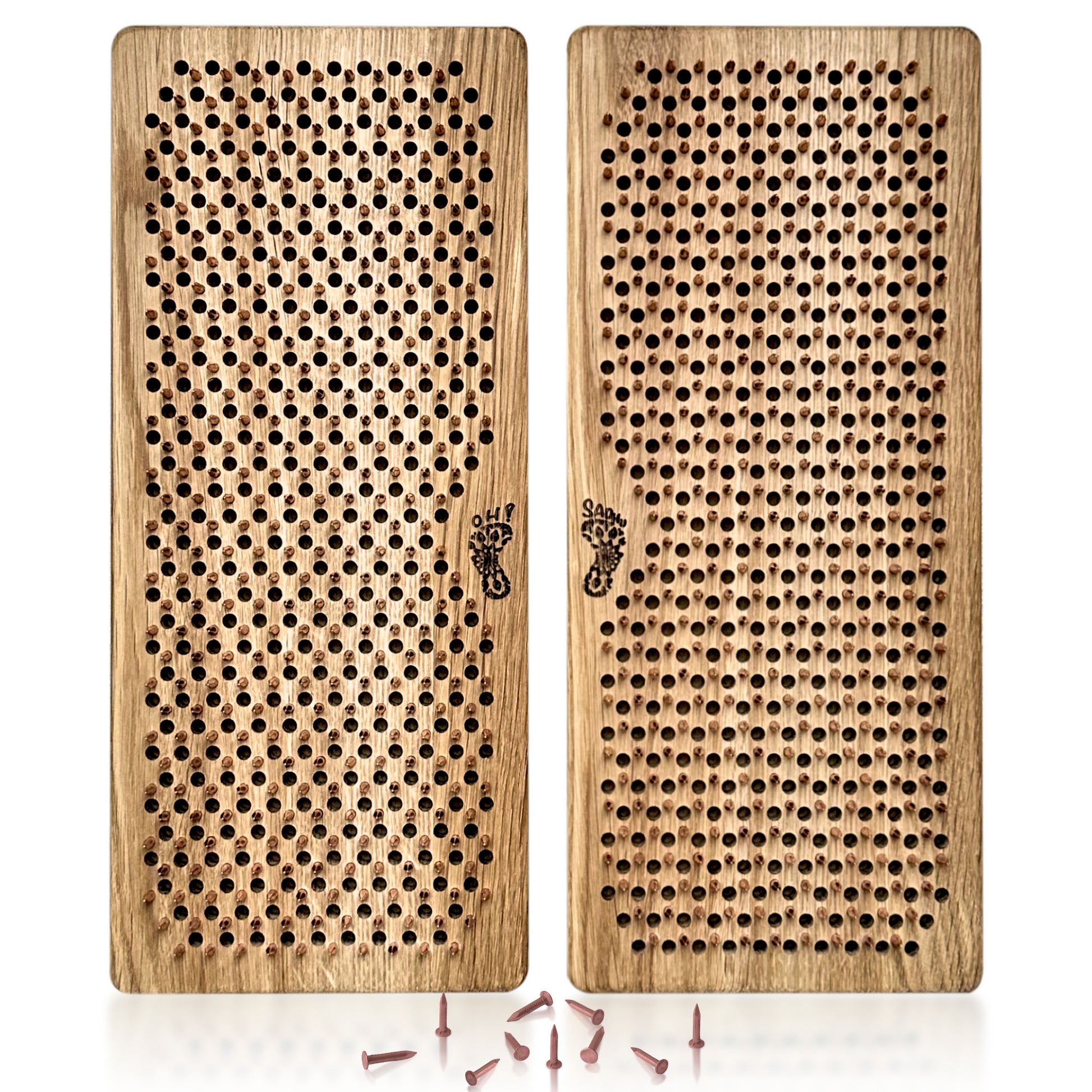 two sadhu boards with copper nails and small logo feet "Oh! Sadhu" engraving