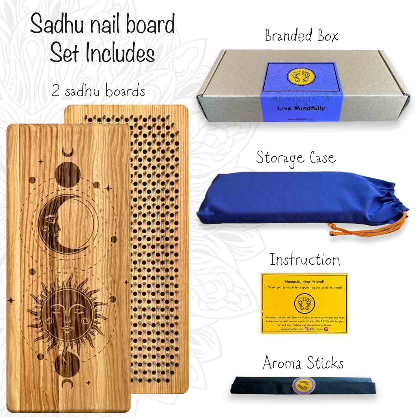 nail boards set includes sadhu boards, box, case, instruction and aroma sticks