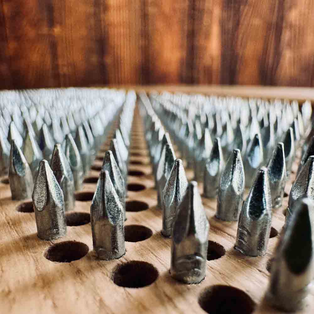 Wooden board with nails for standing.
