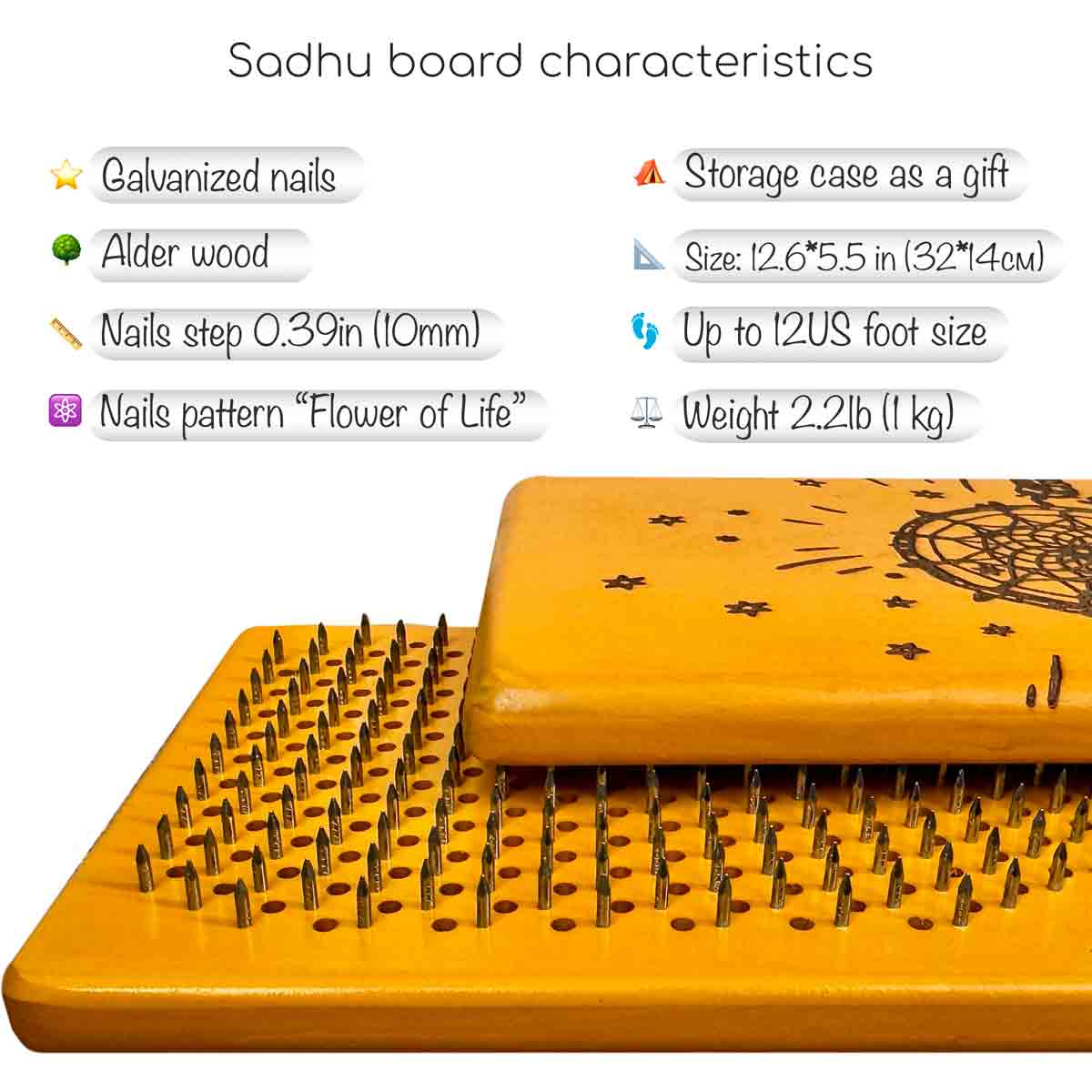 Yellow Sadhu nail board and storage case, featuring characteristics on a white background.