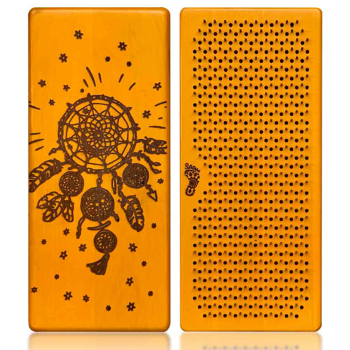 Two orange rectangular nail boards for feet with a dreamcatcher design on a white background.
