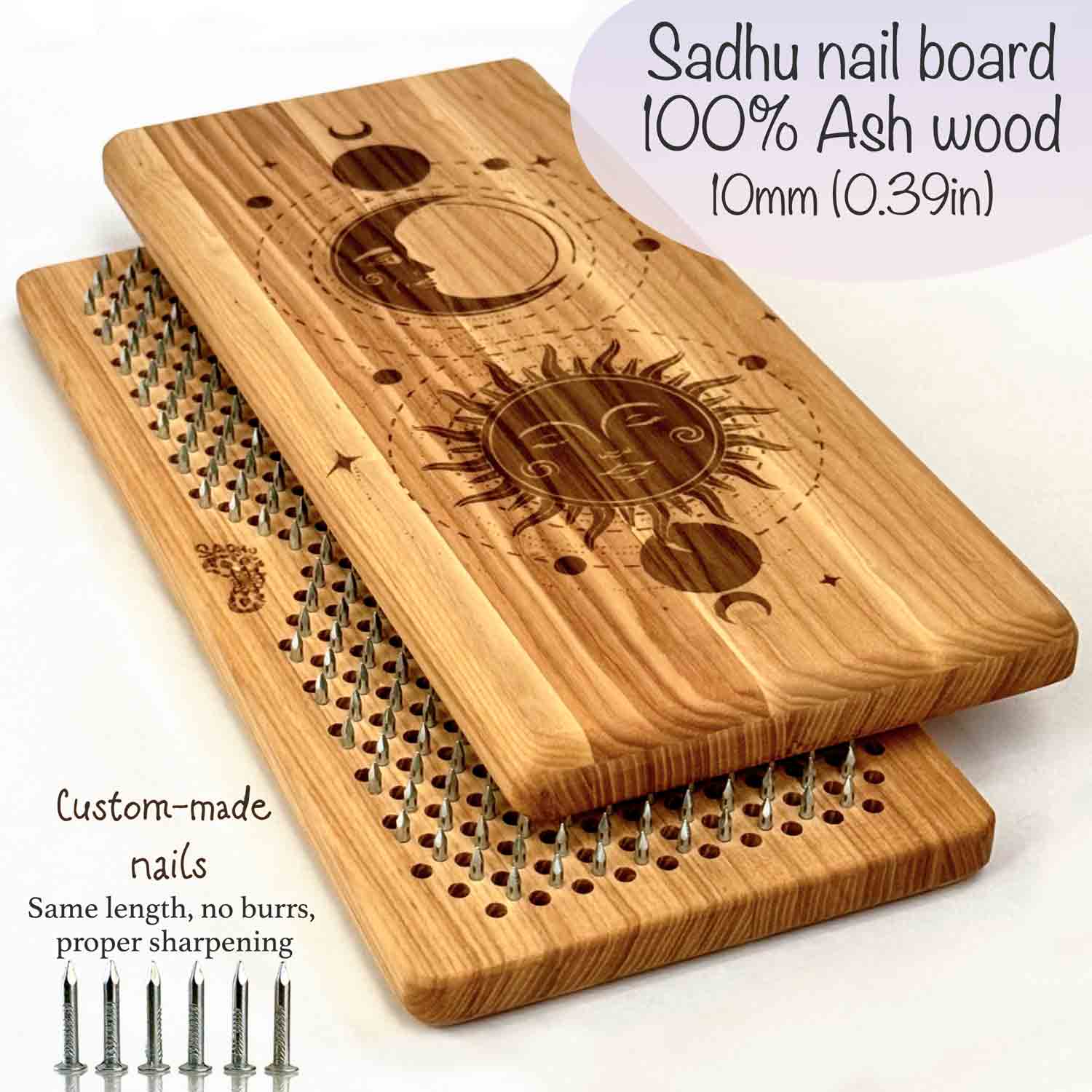 sadhu nail board from ash wood with sun and moon engraving