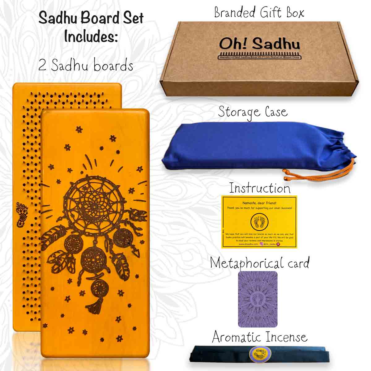 Sadhu Board Set with branded gift box, boards, storage case, instruction card, metaphoric card, and aromatic incense on a white background.