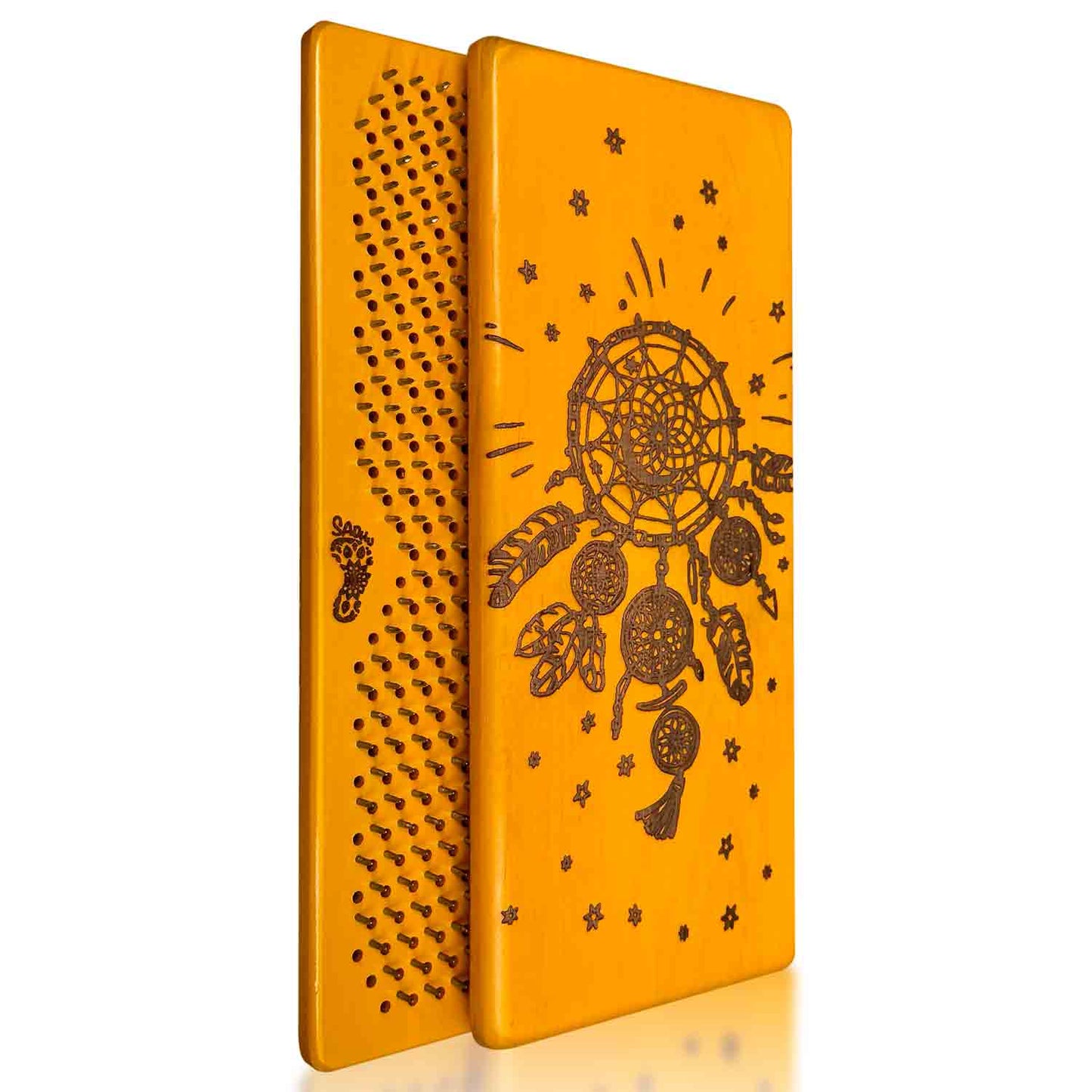 Two yellow nail boards with a dreamcatcher design on a white background