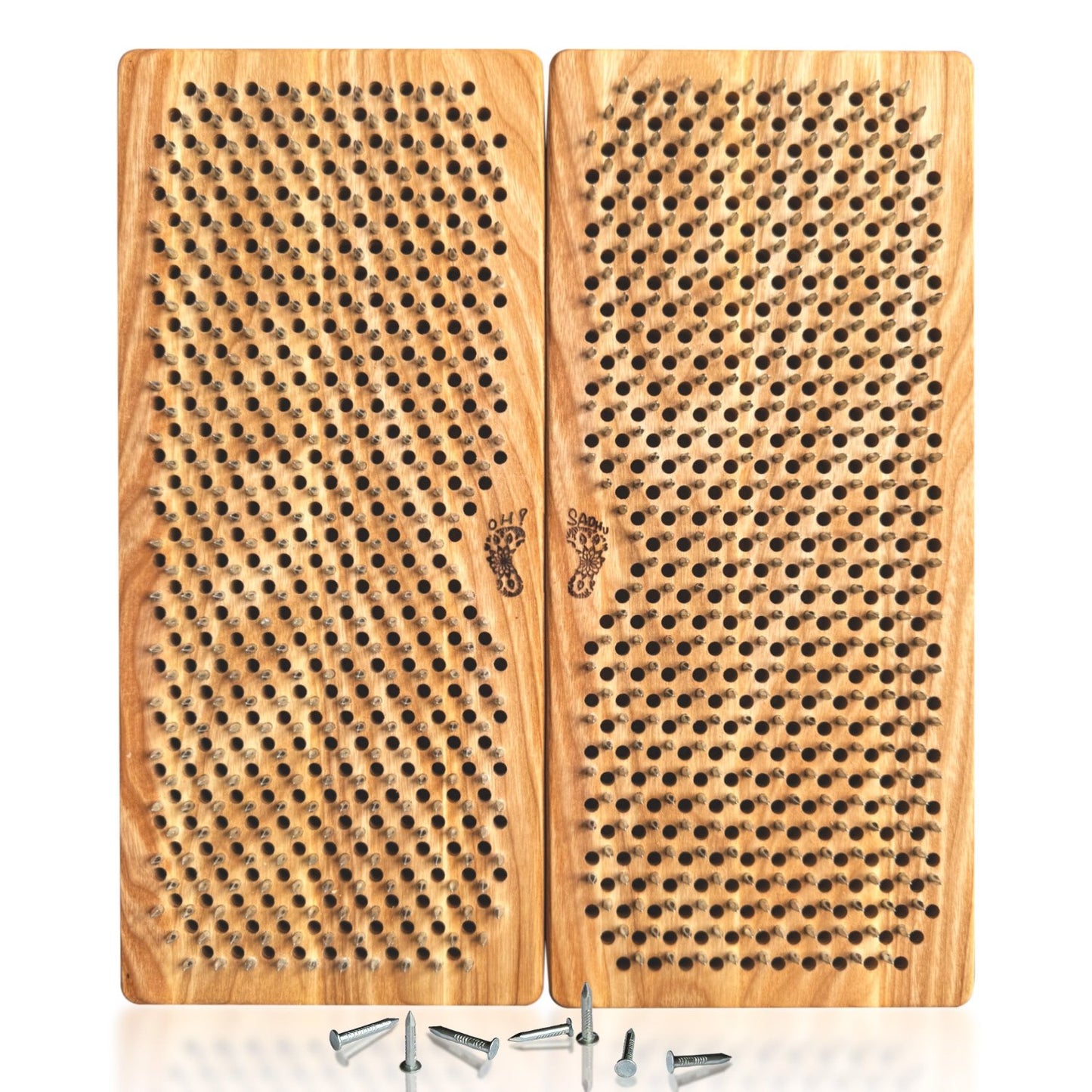 Open sadhu board on white background. Foot shape engraving on sadhu board with Oh! Sadhu signs.