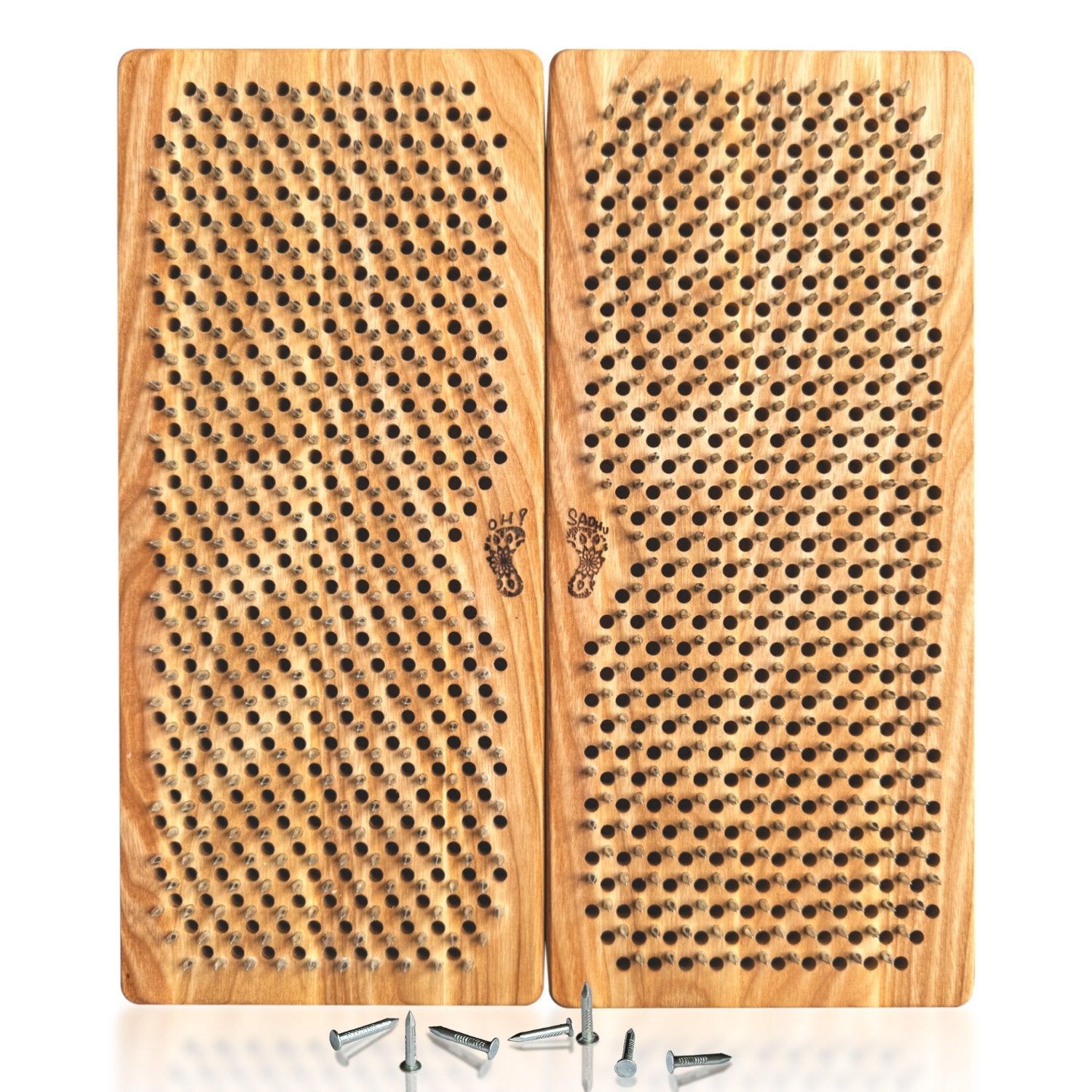 Open sadhu board on white background. Foot shape engraving on sadhu board with Oh! Sadhu signs.