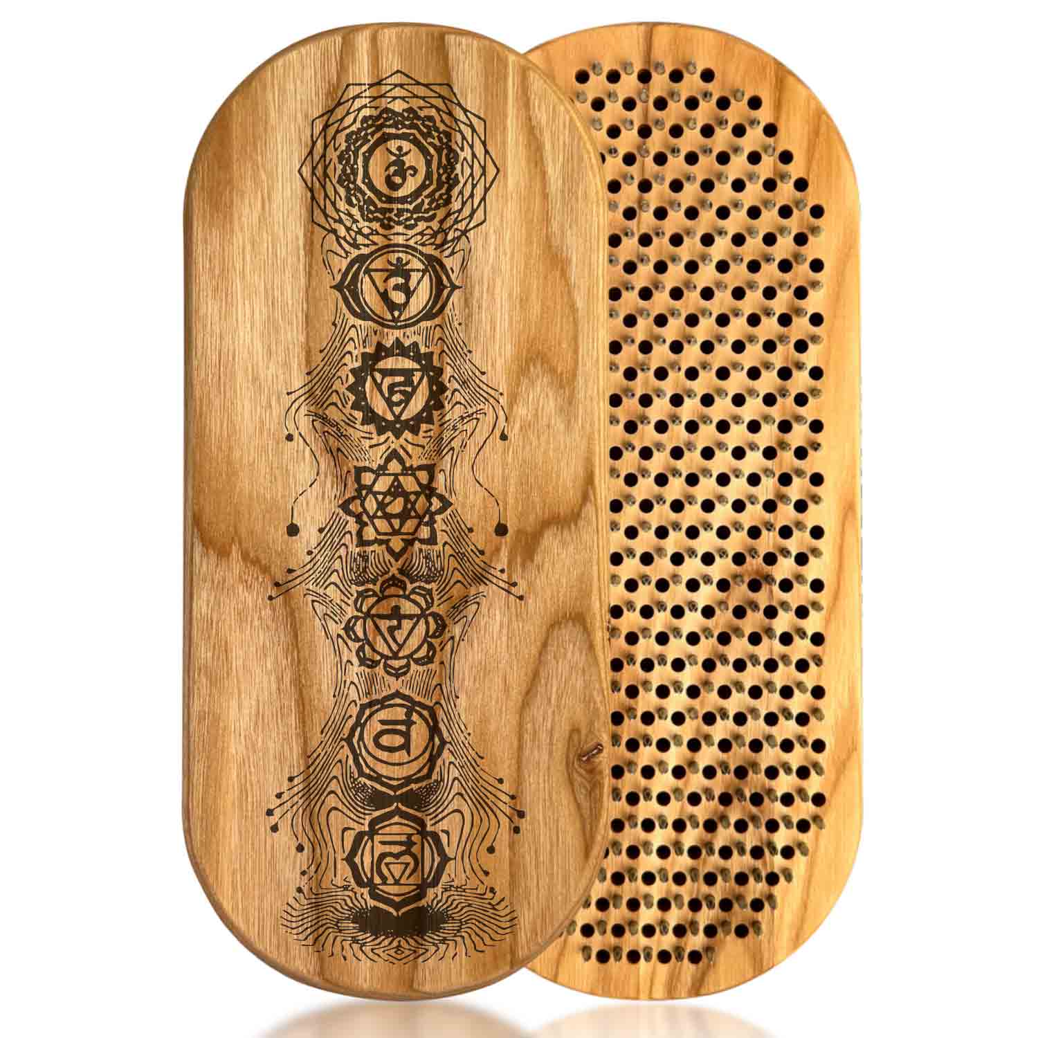 sadhu board from ash with nails for yoga practice mediation with chakra engraving