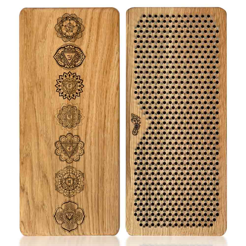 oak wood sadhu nail board for feet with chakras engraving