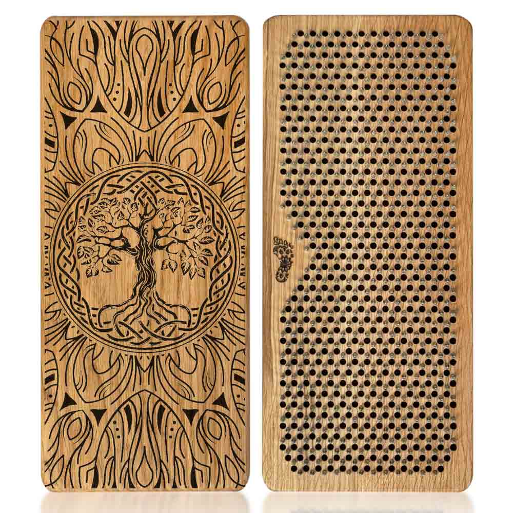 yoga nail board for beginners with 8mm step, made from natural oak with tree of life and mandala engraving