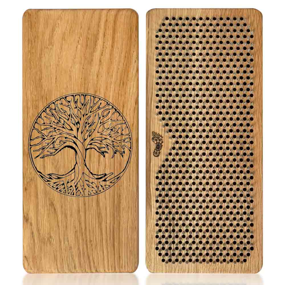 nail board for feet made from oak and with tree of life engraving