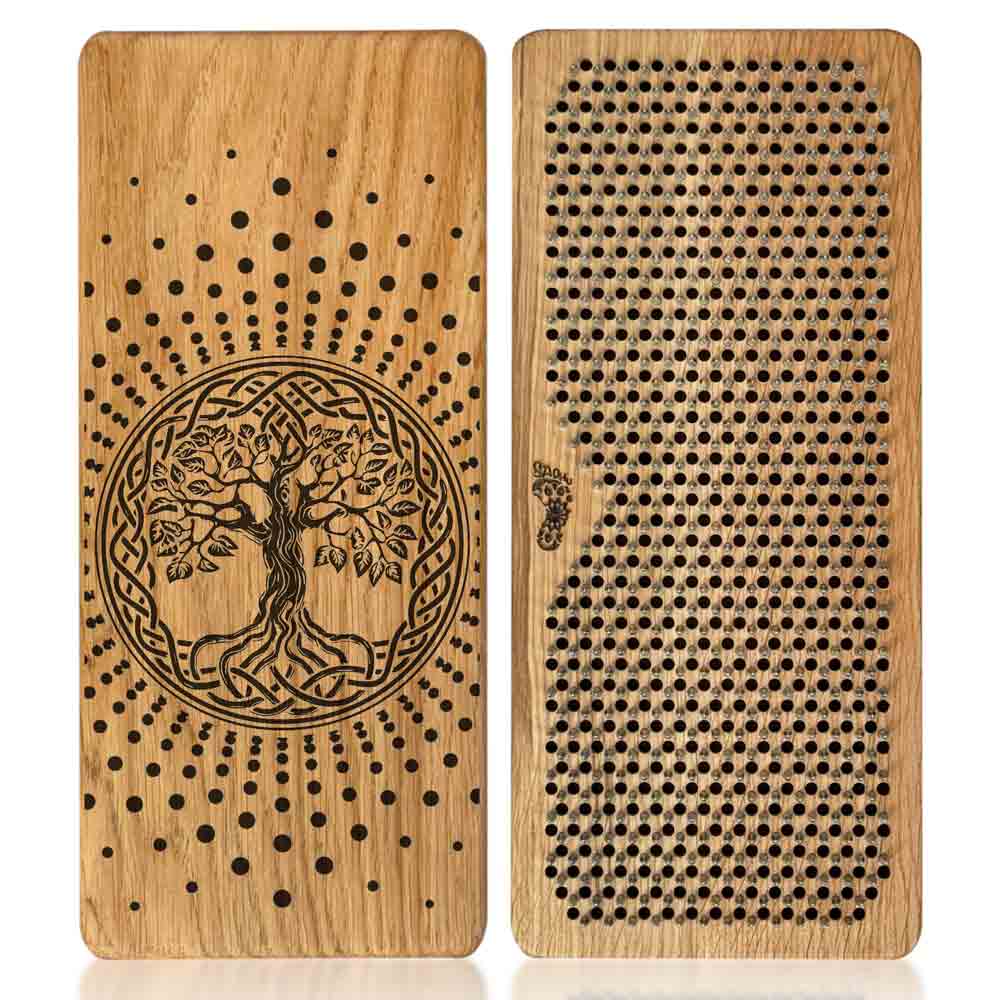 oak wood sadhu board with nails for feet with tree of life and with dot's shining.