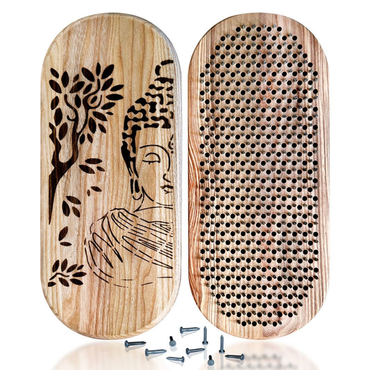 Sadhu board "Buddha" made from natural ash wood, featuring an intricate engraving of Buddha and a tree on one side and a grid of evenly spaced holes for galvanized nails on the other side. The board includes a set of nails for assembly.