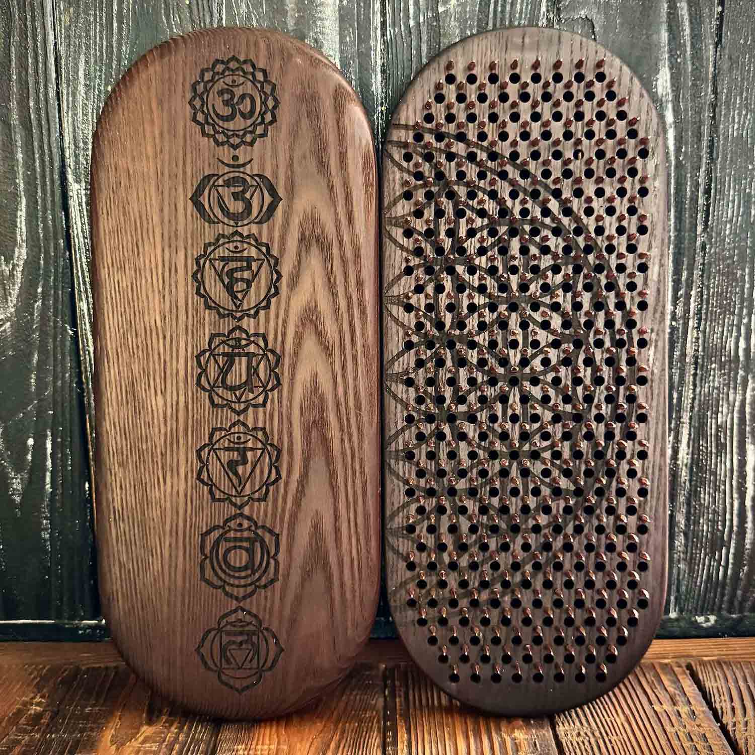 thermal ash sadhu board with copper nails with chakras engraving and flower of life
