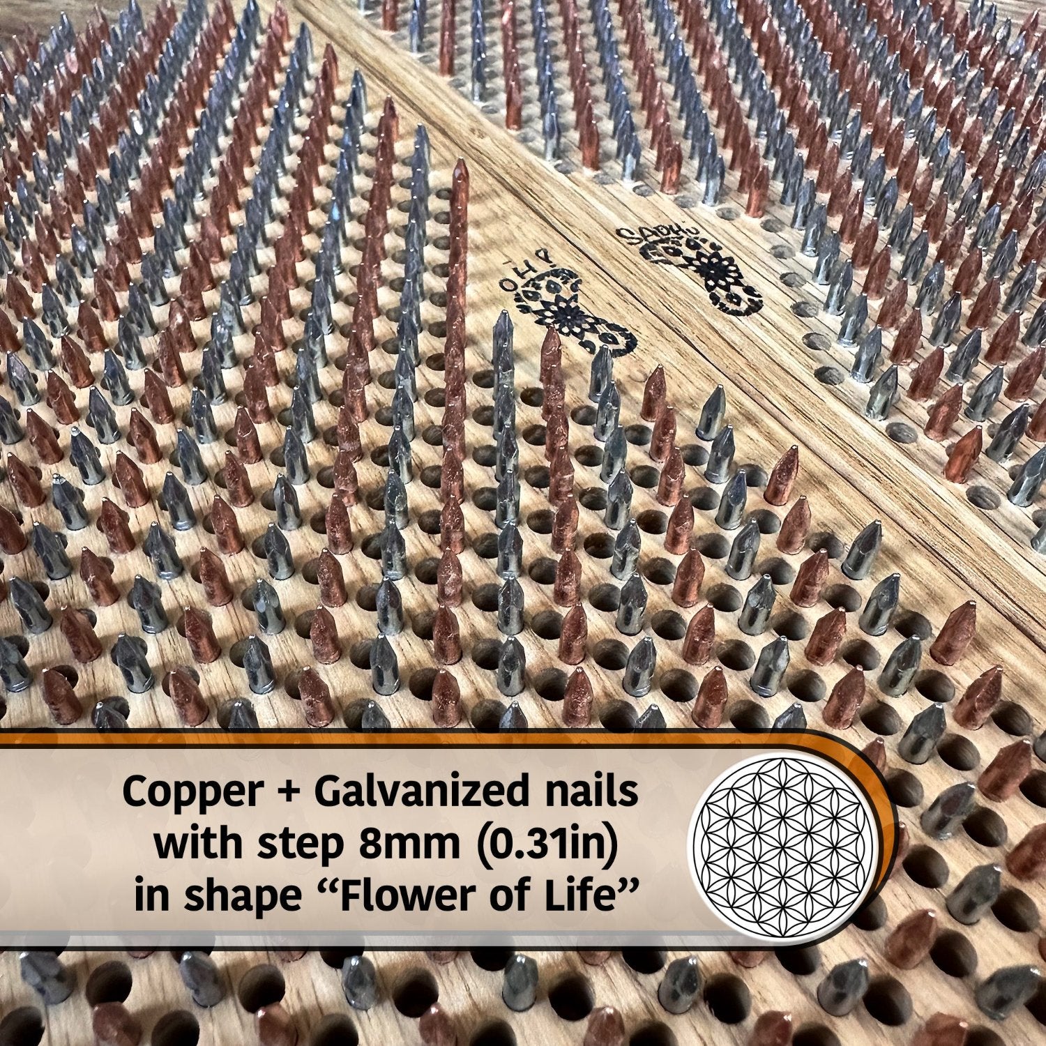 sadhu board with nails in rows copper and galvanic, with logo Oh! Sadhu on feet. text about copper and galvanized nails with step 8mm (0.31 inch) in shape flower of life