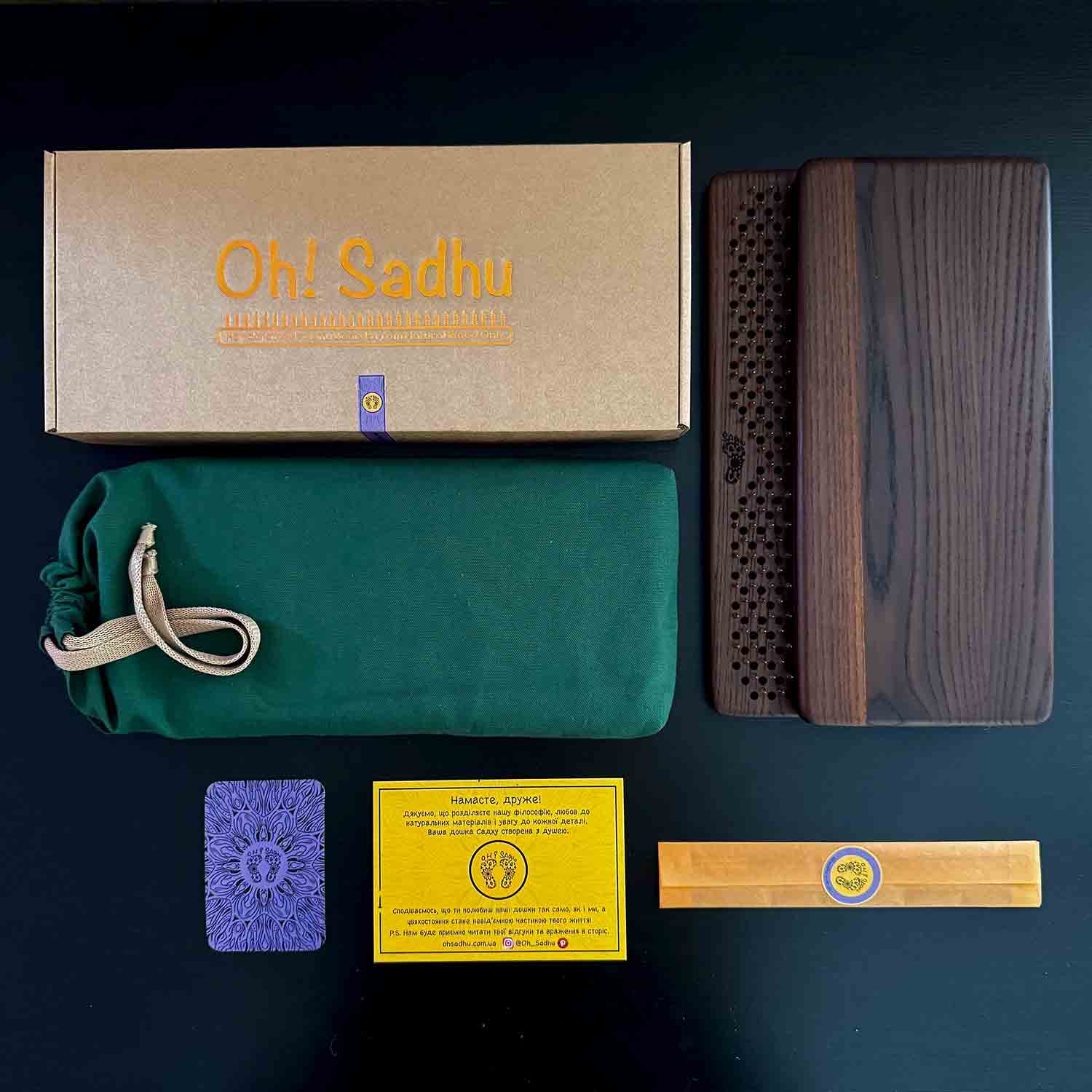 Set of sadhu board with copper nails includes gift box, storage case, incense aroma, metaphorical card, instruction. Gift for yoga.
