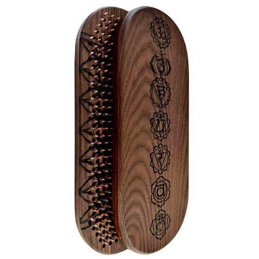 sadhu board with copper nails from thermo ash wood in natural brown color, with chakras engraving outside and flower of life inside