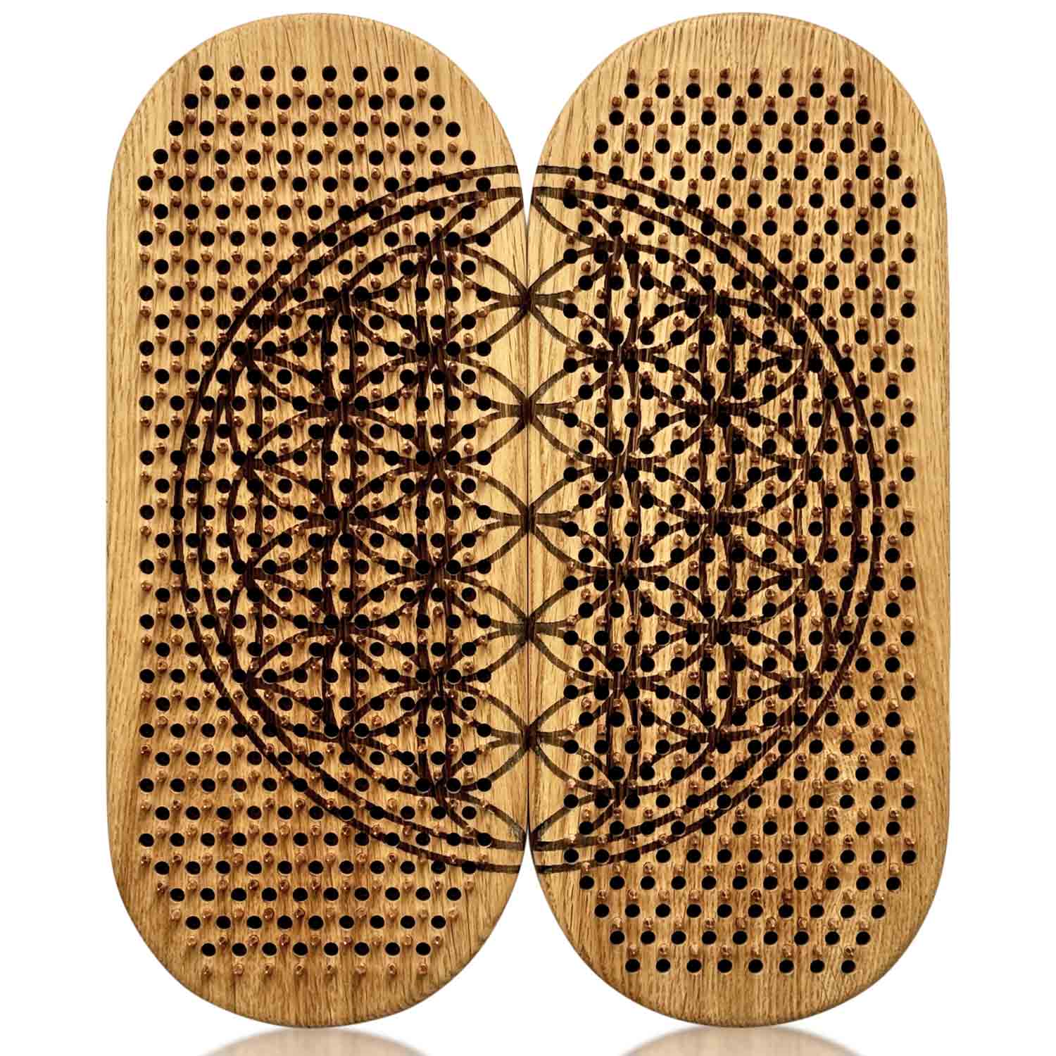 sadhu board with copper nails for yoga meditation, made from oak. Nails step 10mm for beginners. Flower of life engraving