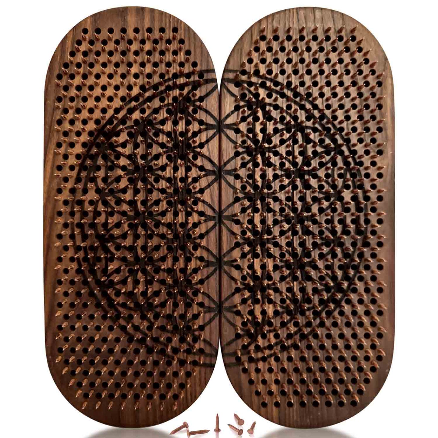 Sadhu board with copper nails in brown color of natural thermo ash wood. Ingraving flower of life inside the boards.