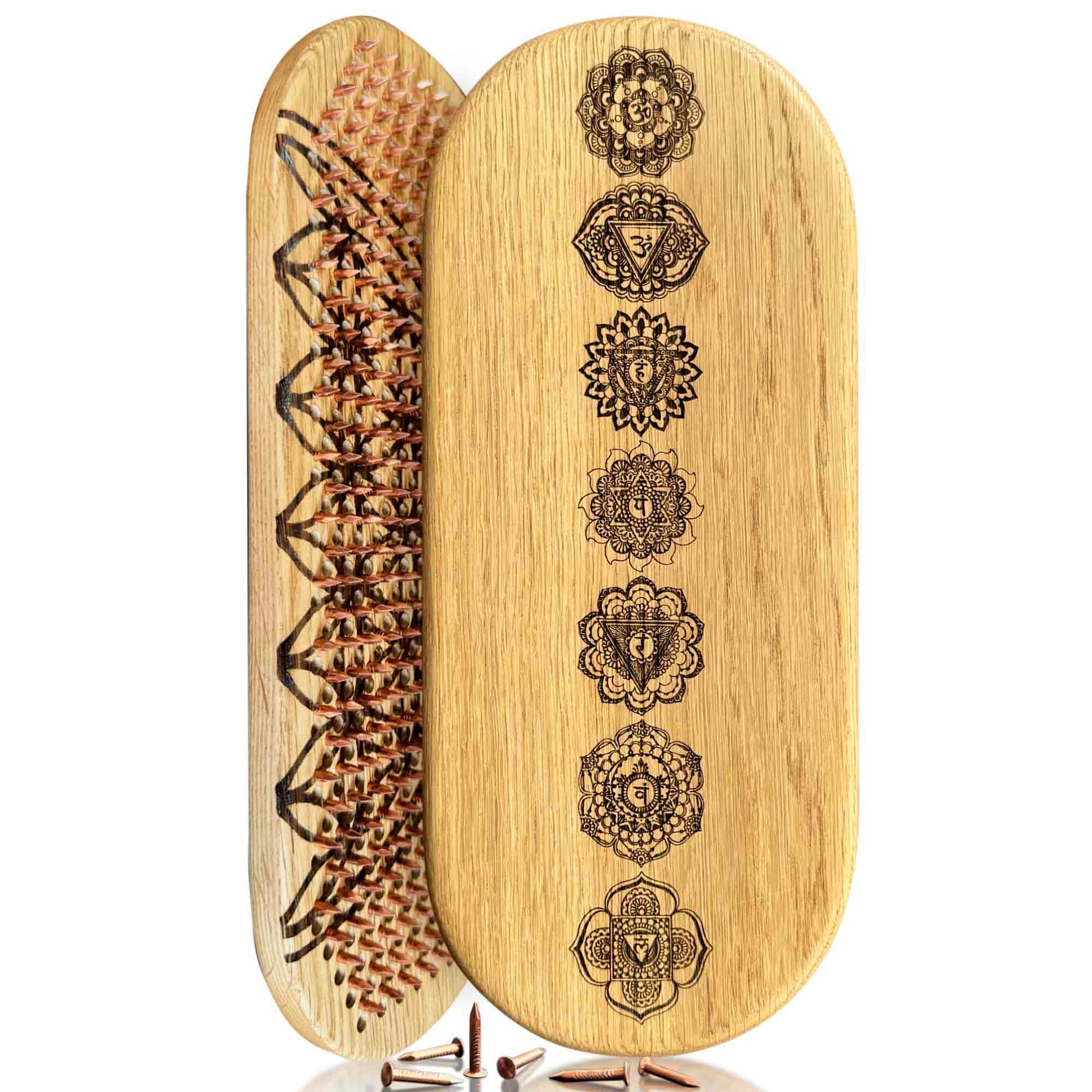 sadhu board with copper nails made from oak with chakras engraving outside and flower of life engraving inside