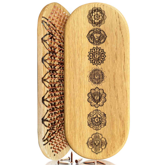 sadhu board with copper nails made from oak with chakras engraving outside and flower of life engraving inside