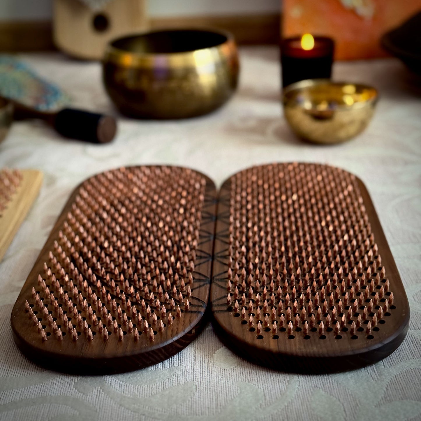 sadhu nail board with copper nails with flower of life inside.