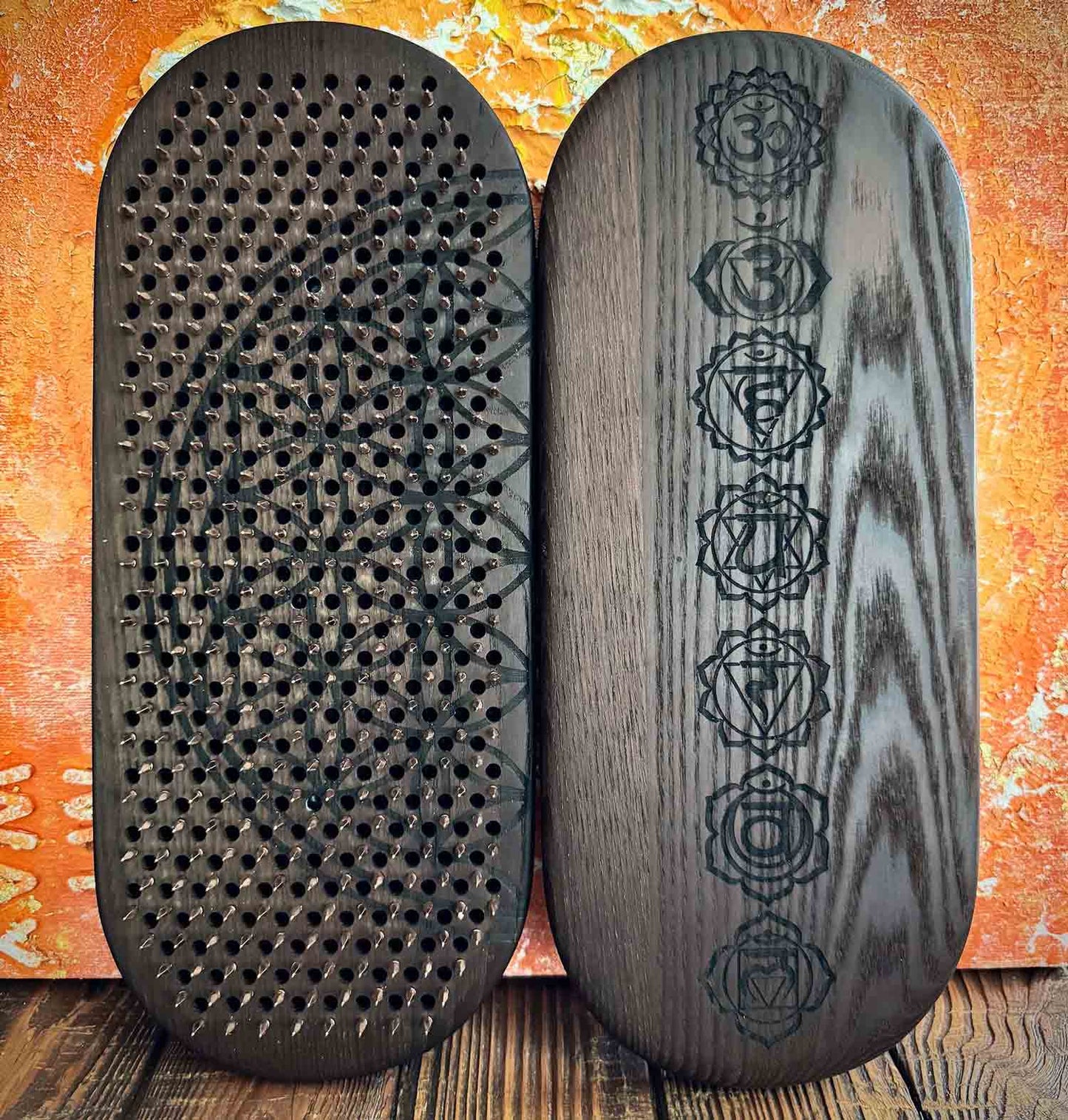 sadhu board with copper nails from thermal ash with chakras engraving outside and flower of life inside