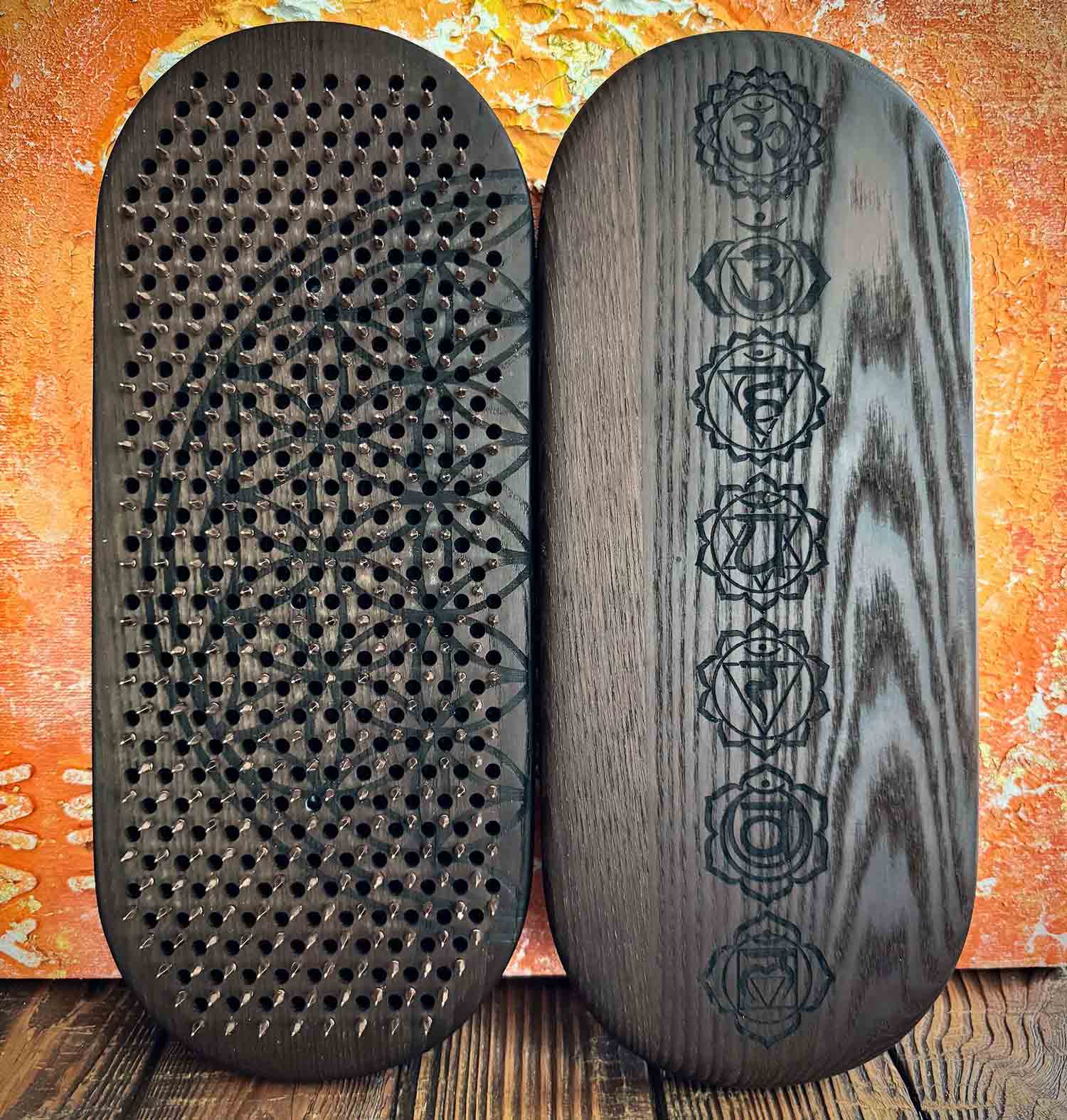 sadhu board with copper nails from thermal ash with chakras engraving outside and flower of life inside