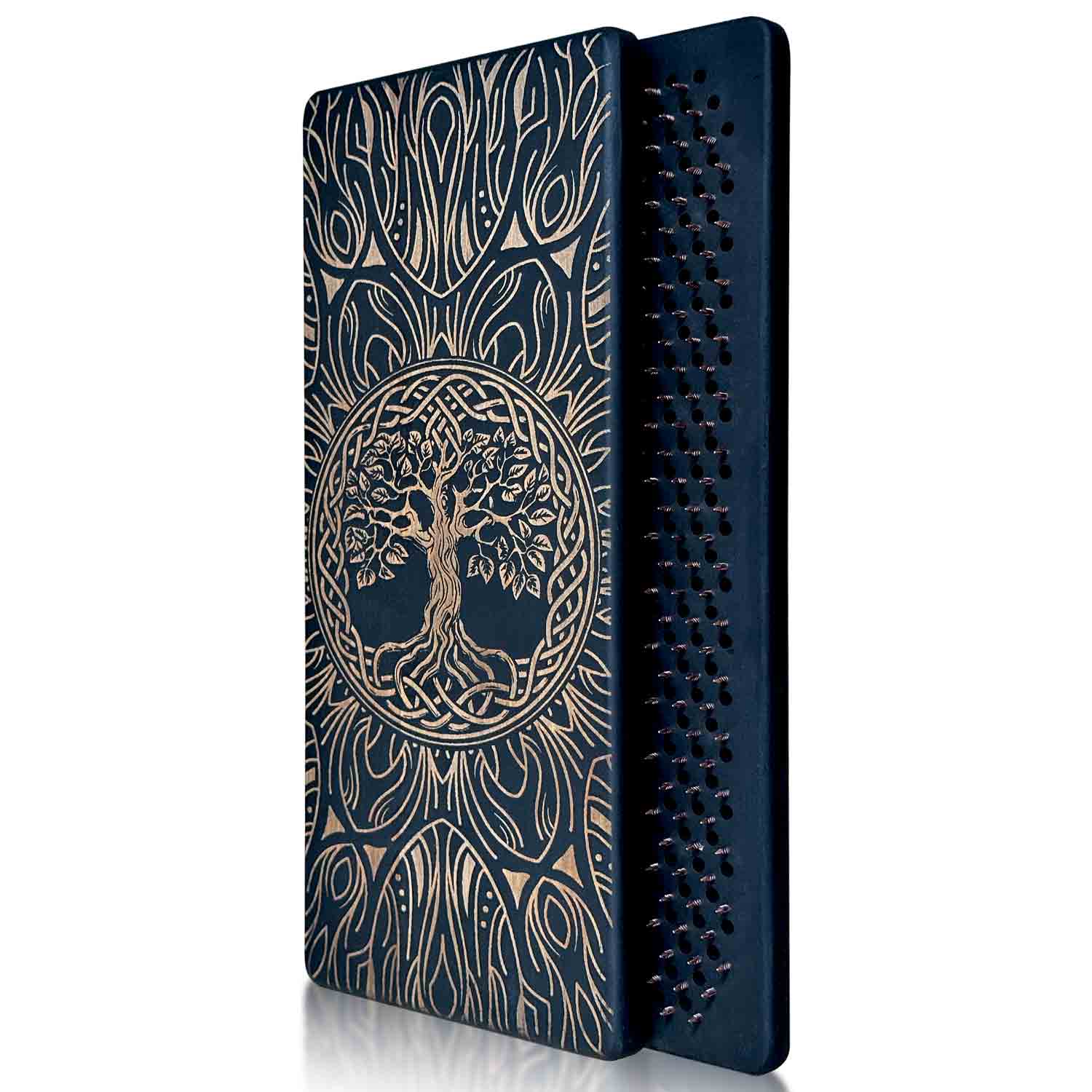 sadhu board with copper nails for beginners for yoga practice meditation in black color from alder wood with tree of life and mandala engraving