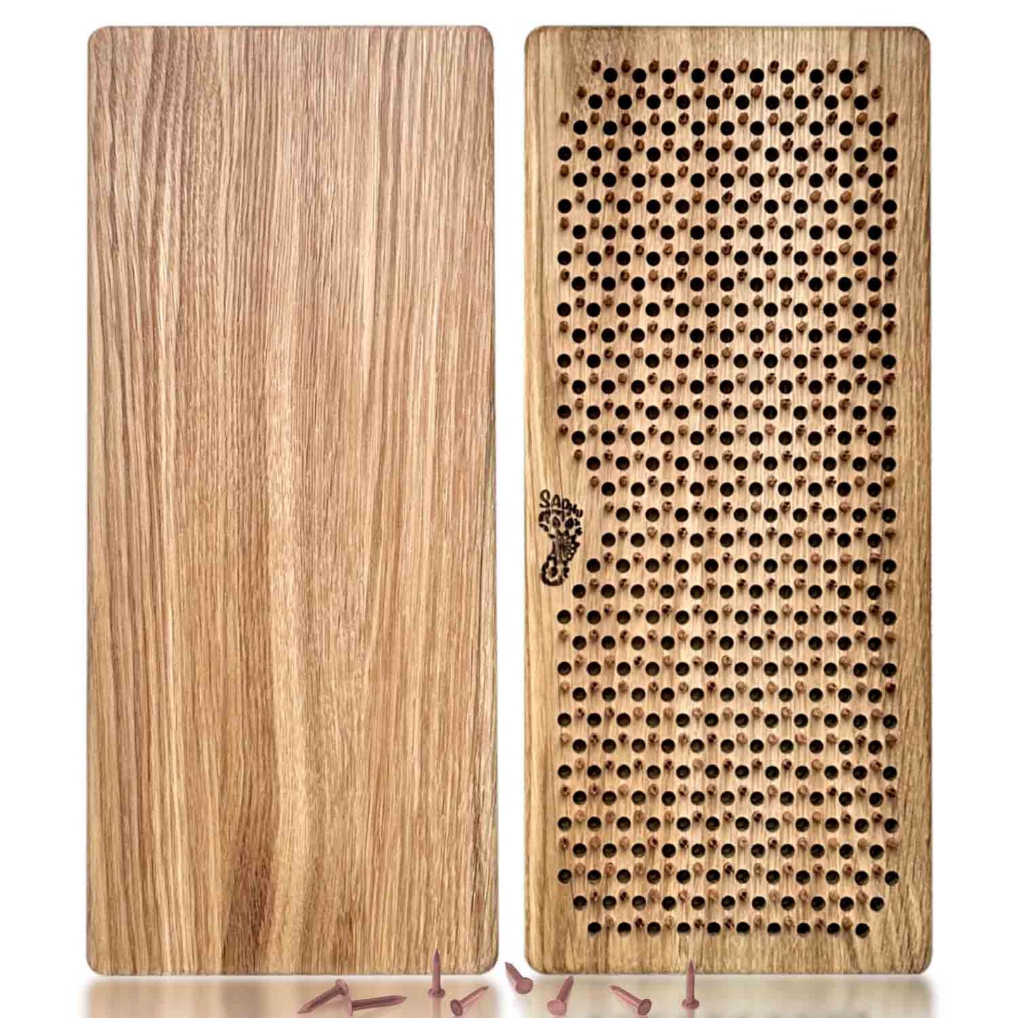 sadhu board with copper nails and natural oak with reflection on white background, some loose copper nails near sadhu boards