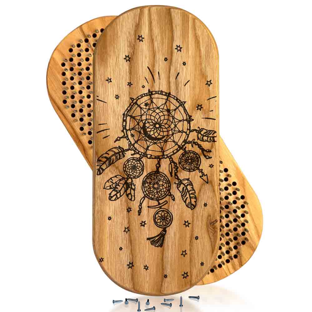 Wooden sadhu board with a dreamcatcher design on a white background