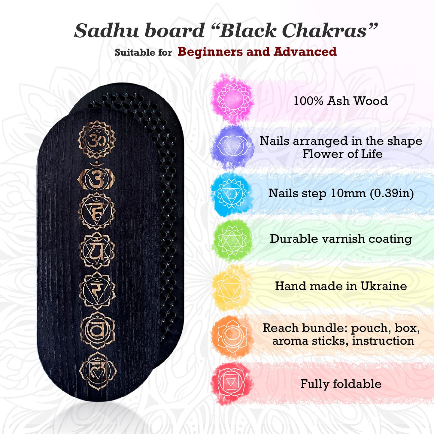 Sadhu board in black color with chakras engraving with features escription