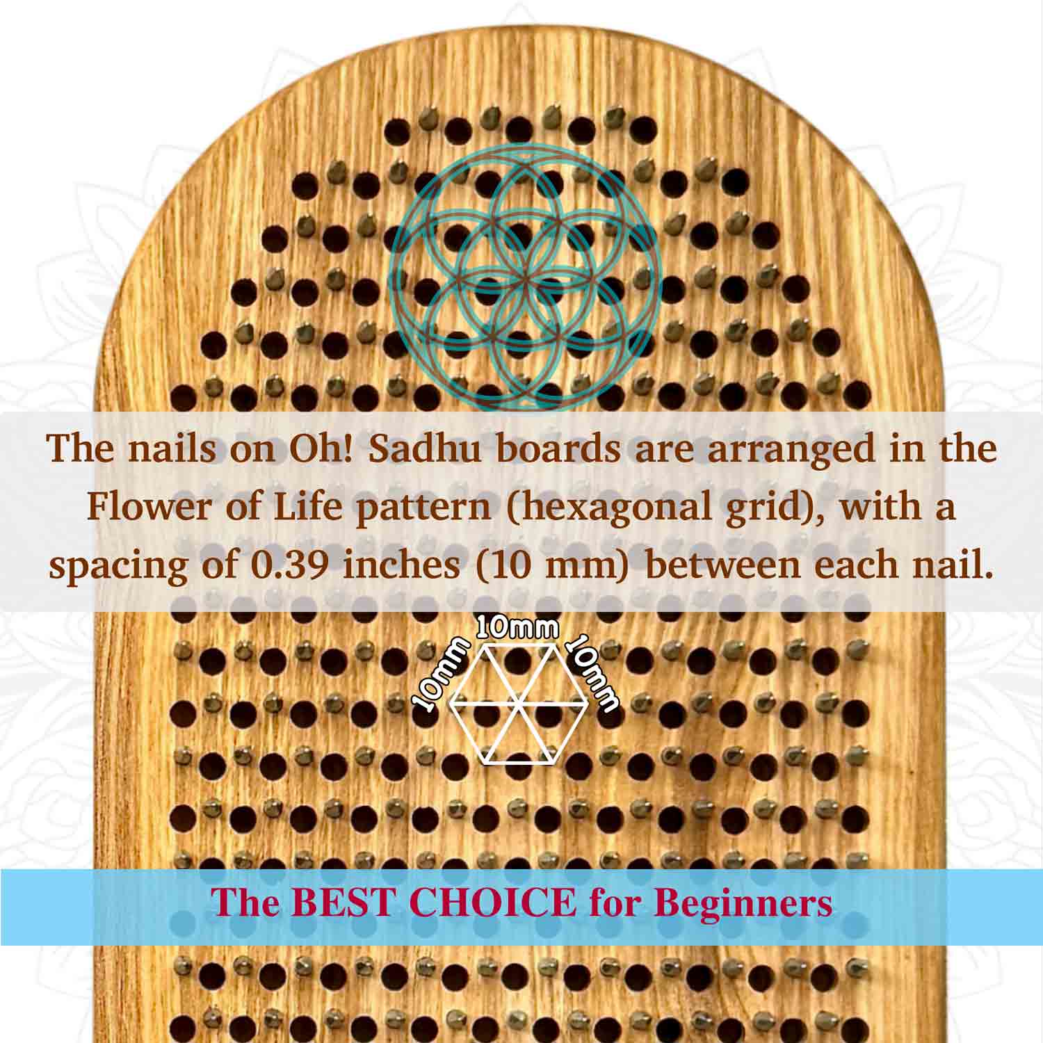 Wooden sadhu board with nail pattern and text about Flower of Life design