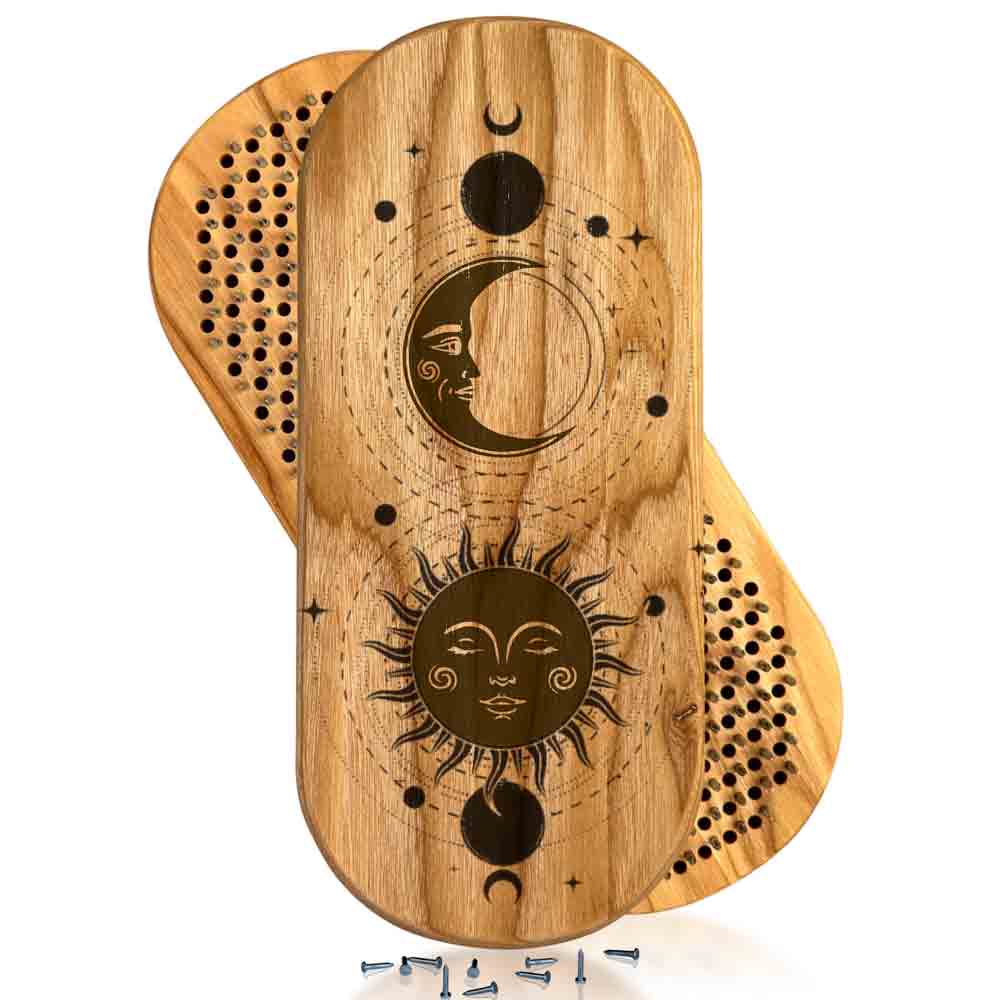 Wooden sadhu board with sun and moon designs on a white background