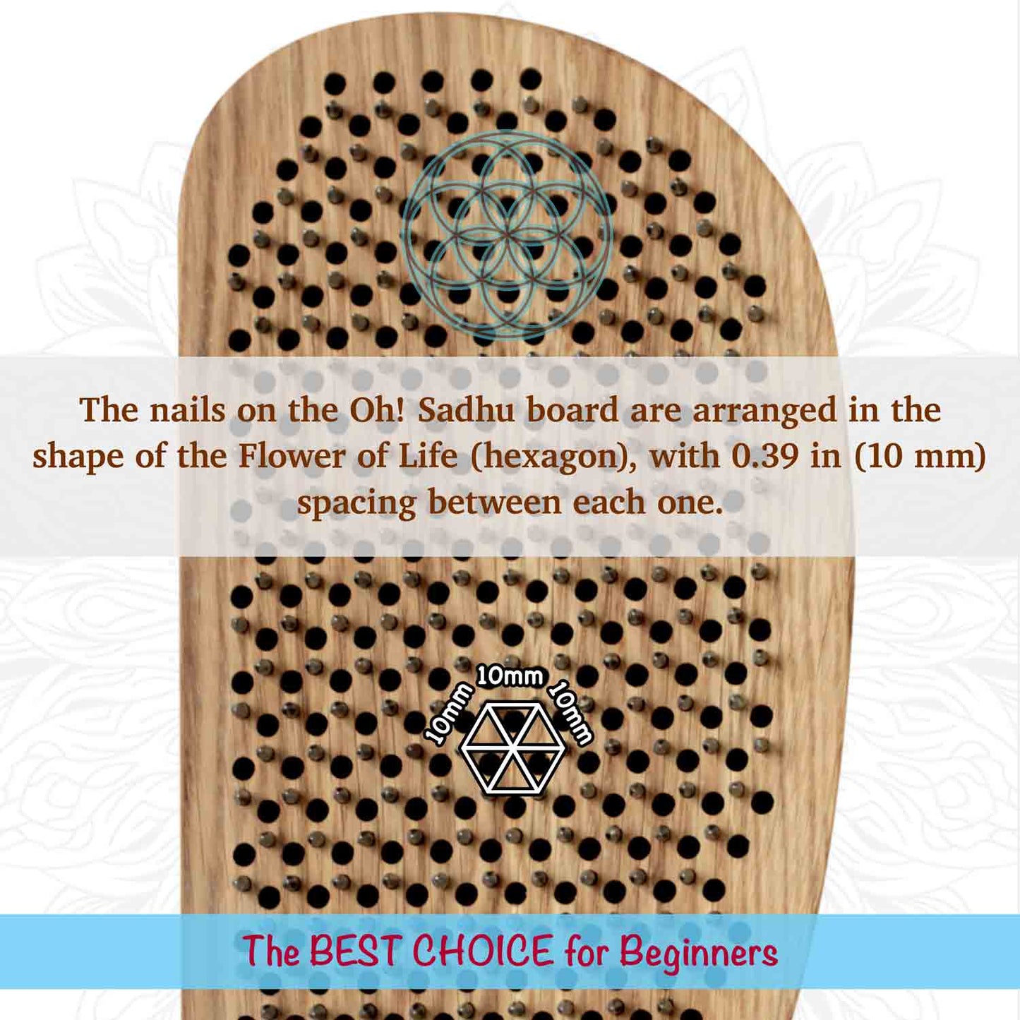 Wooden board with nail arrangement and Flower of Life design on a white background