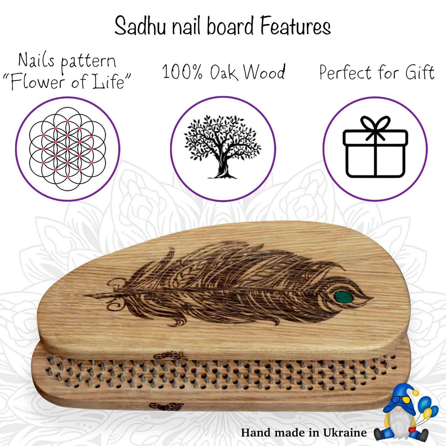 Wooden nail board with feather design and 'Flower of Life' pattern, labeled as perfect for gift.