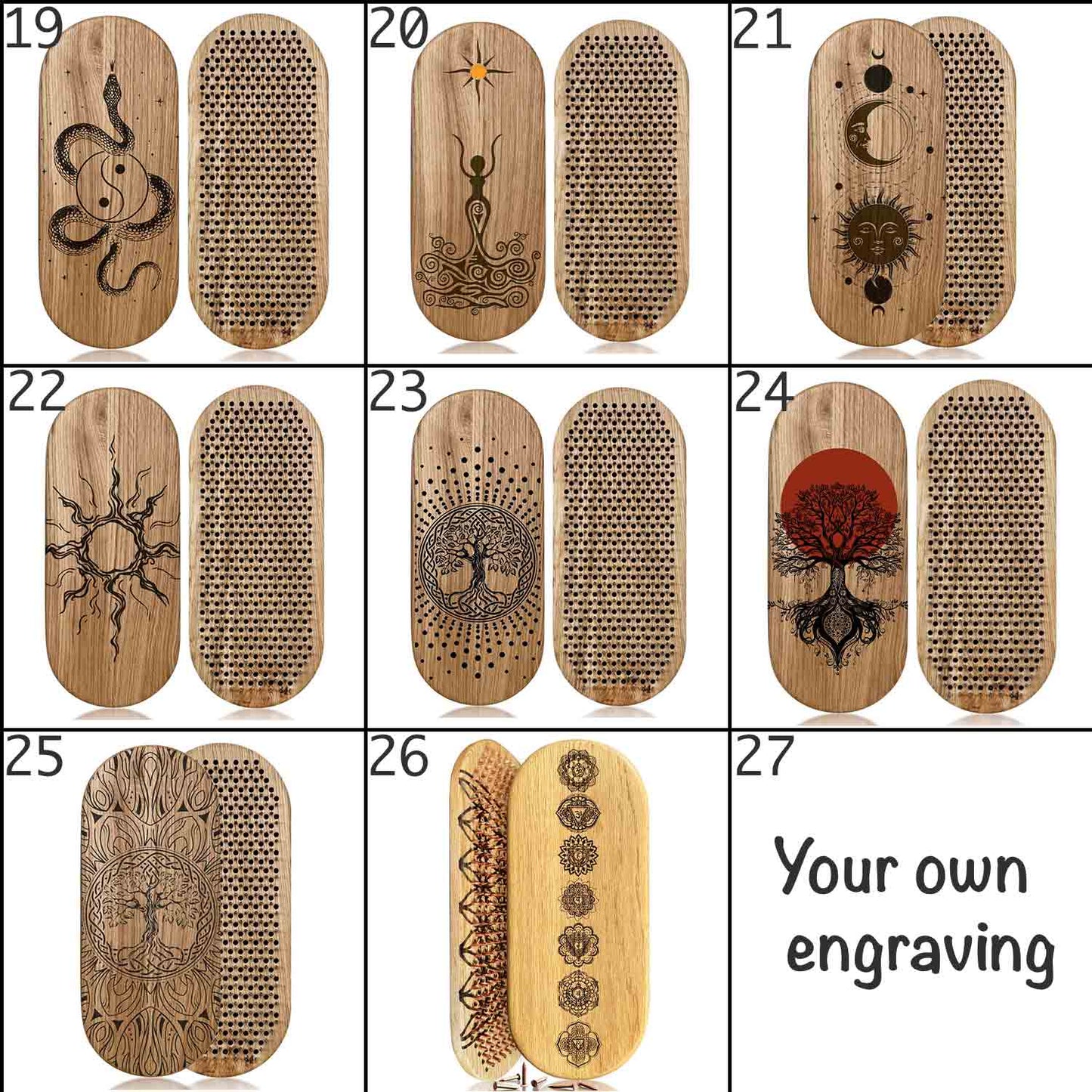 A 9-panel product collage showing multiple engraved sadhu boards nails with different designs, including a snake, a meditative figure, moon and sun symbols, a sunburst, a tree of life, a red tree, and a chakra pattern.