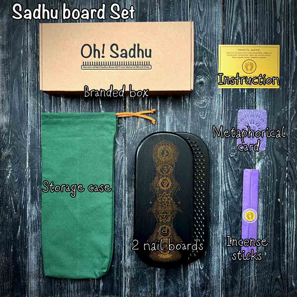 Set of Sadhu board for yoga includes gift box, fabric case, 2 nail boards, instruction, metaphorical card, incense sticks