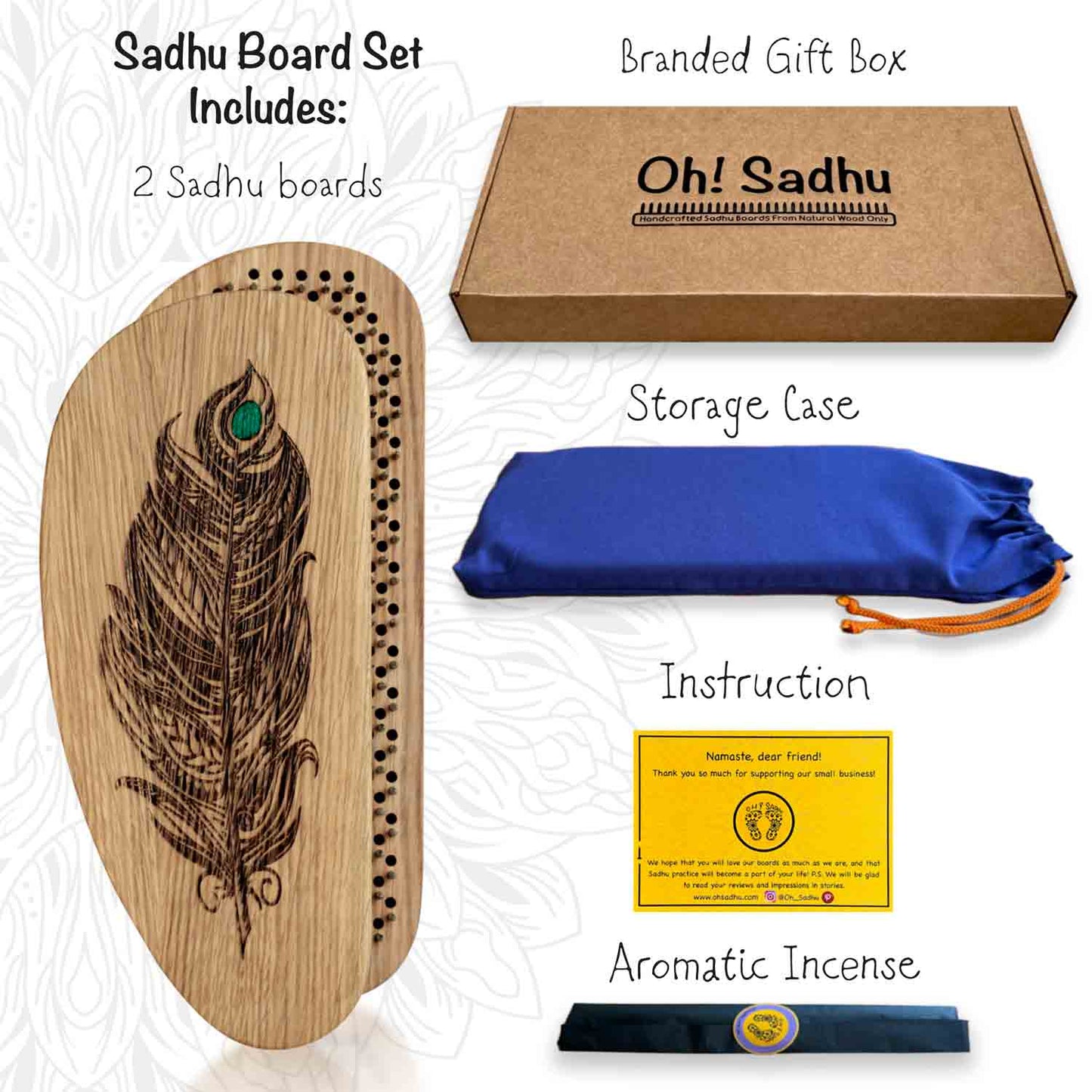 Sadhu Board Set with branded gift box, storage case, instruction manual, and incense on a white background.