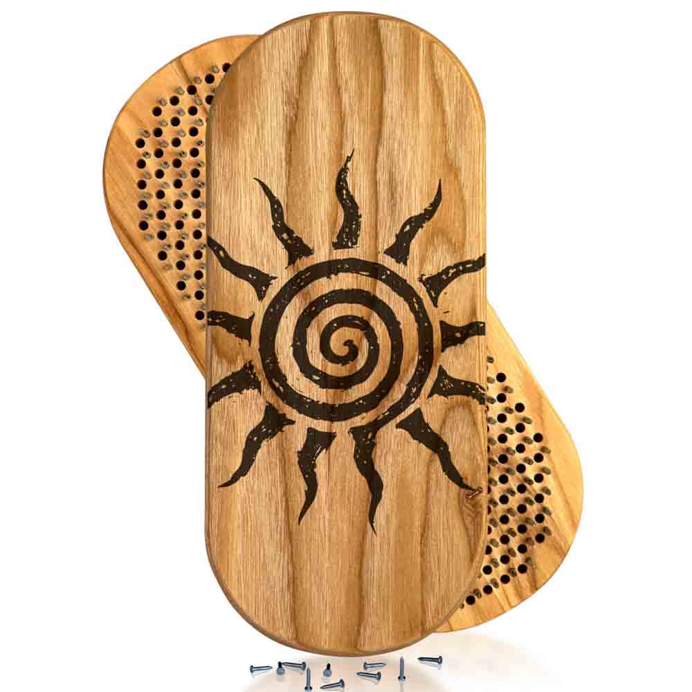 sadhu board with nails step 10mm with sun design on a white background