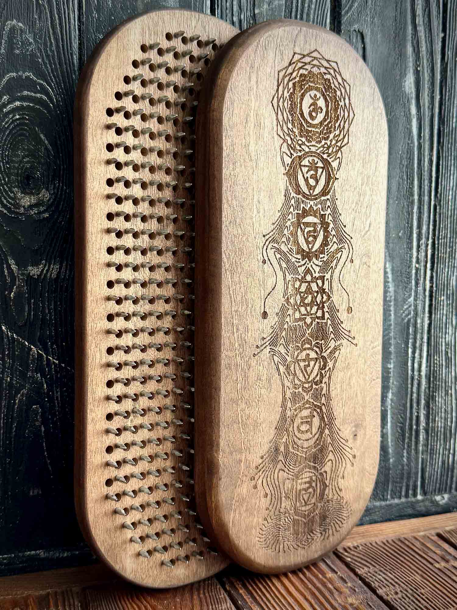 nail board for feet made from walnut and galvanized nails for yoga practice and meditation