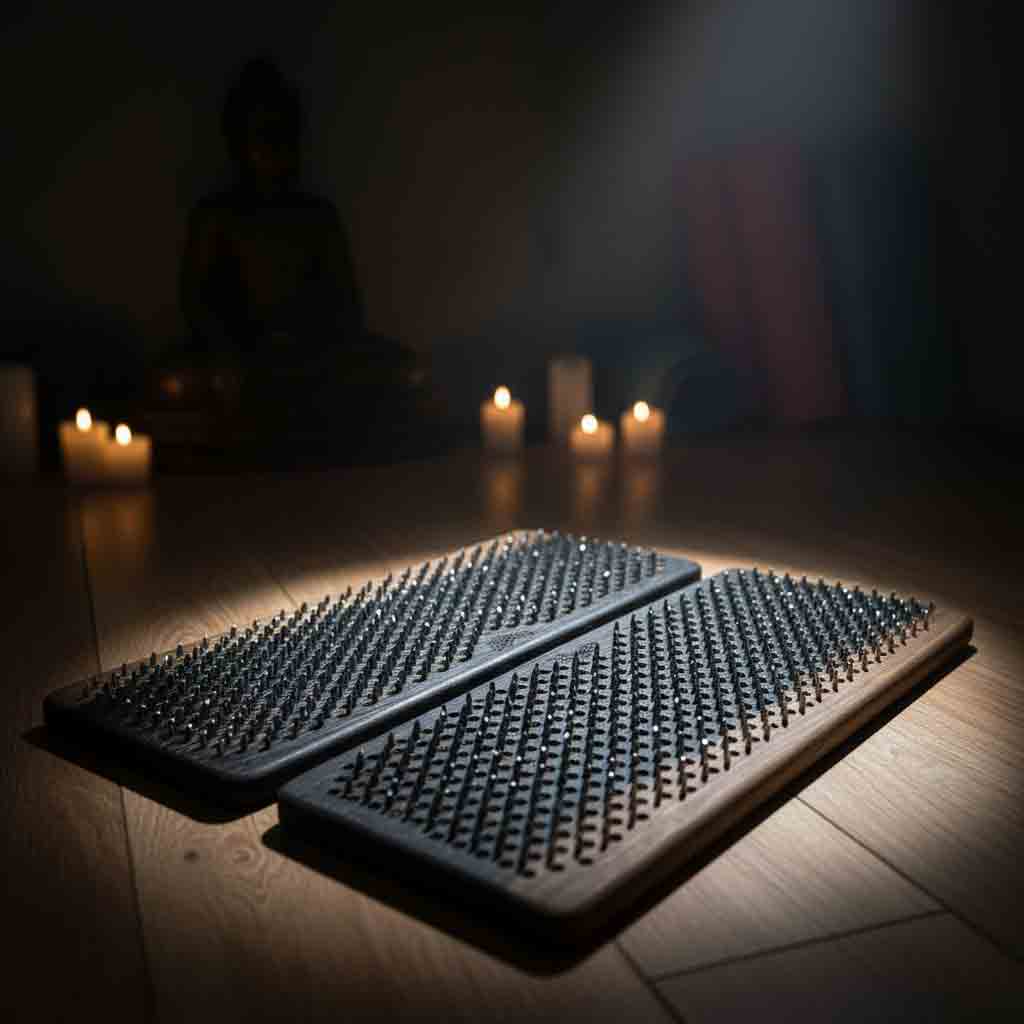 Sadhu boards 10 mm made from bog oak on a floor with candles and accenting light to the boards.
