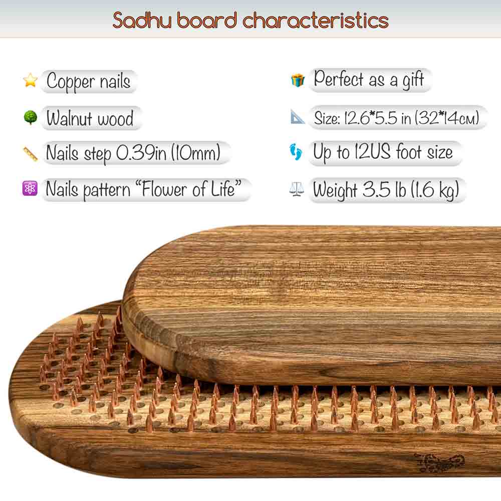 Walnut wood sadhu board with copper nails for yoga and product details on a white background