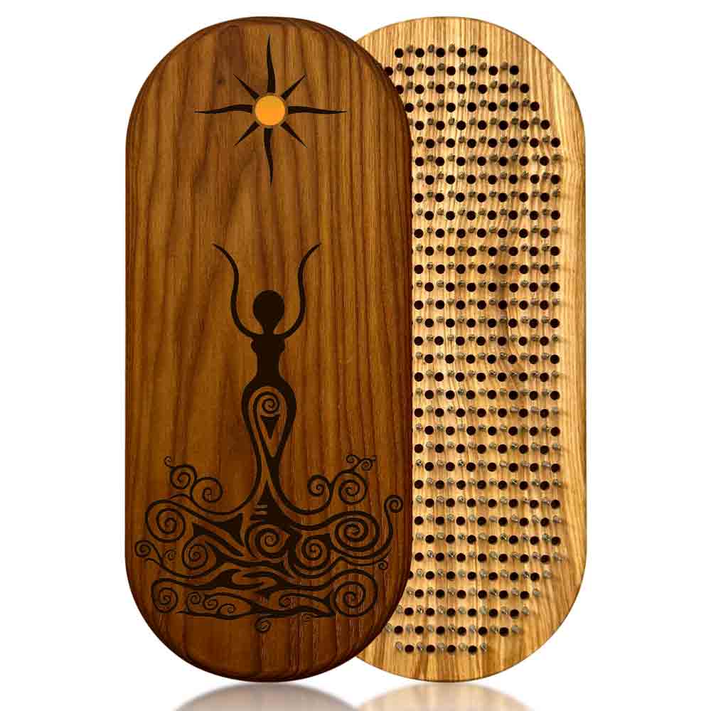 sadhu board for beginners from ash and thermo ash with spiral goddess engraving and sun epoxy decoration on a white background.