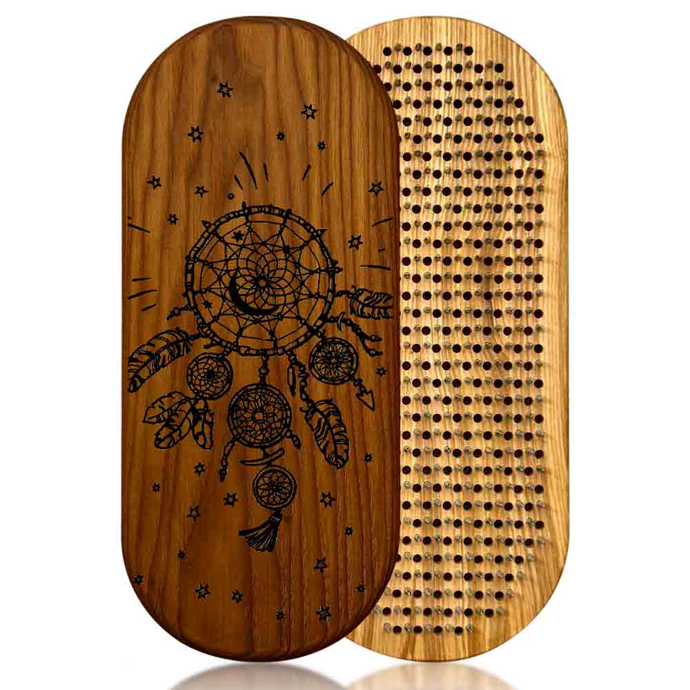 Sadhu board with a dreamcatcher design on one side and nail side on the other, on a white background.