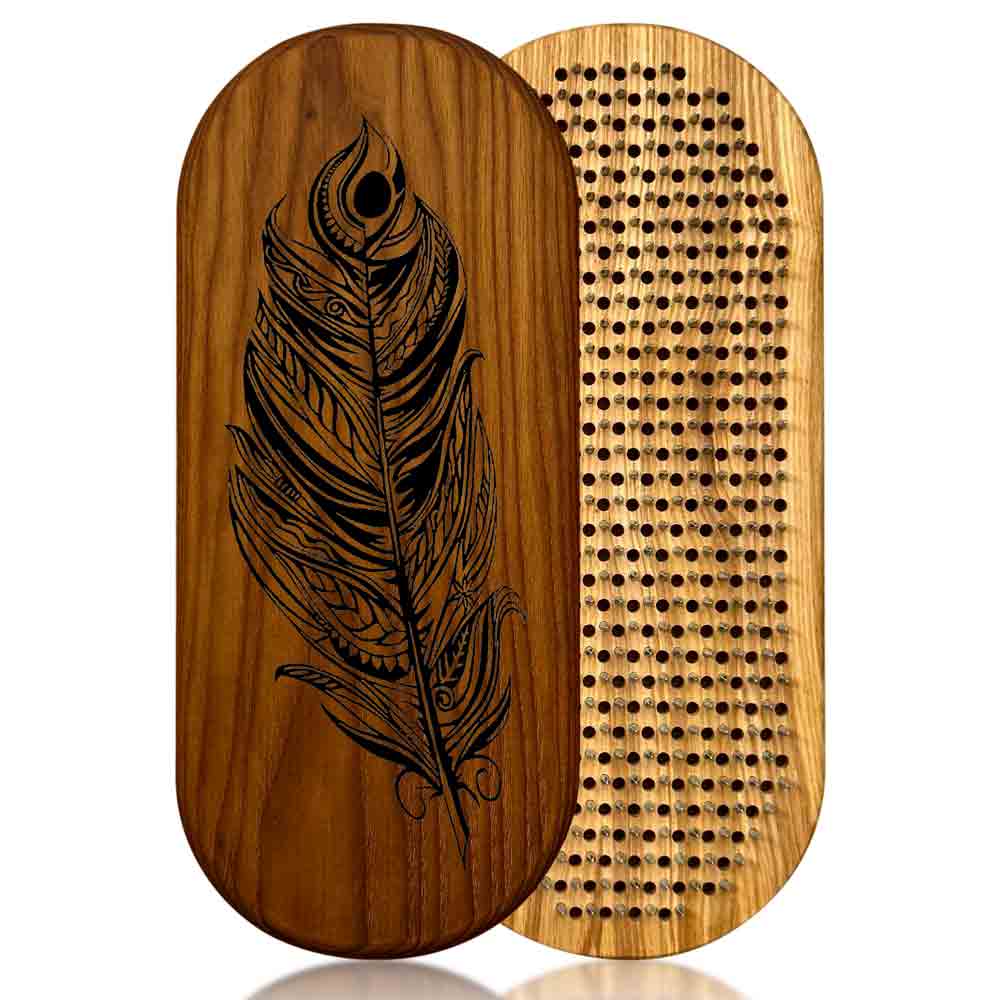 sadhu nails board for beginners with feather design on one side and nails side on the other, on a white background.